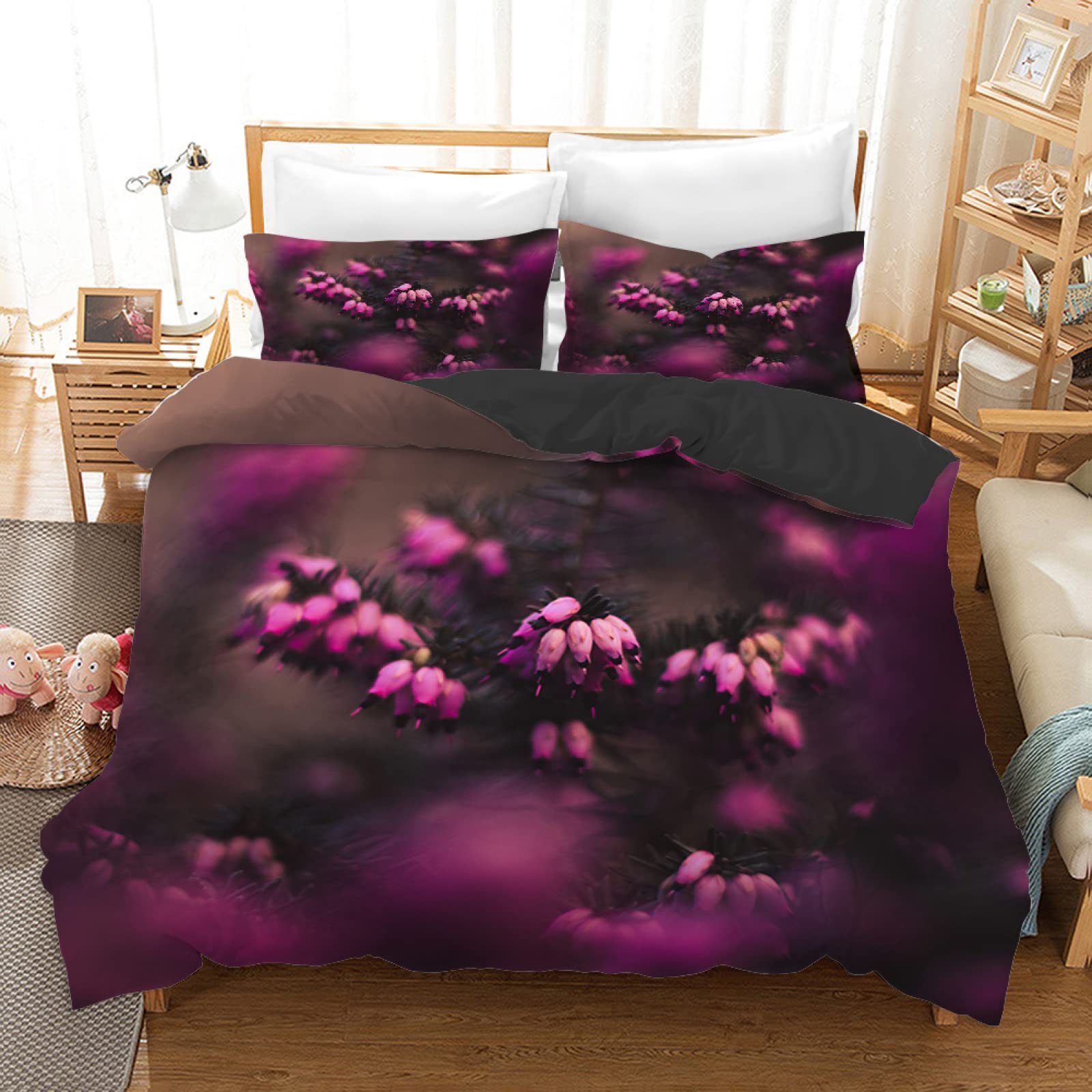 Housse de Couette Fleur Rouge 140x200cm avec 2 Taies d'Oreiller