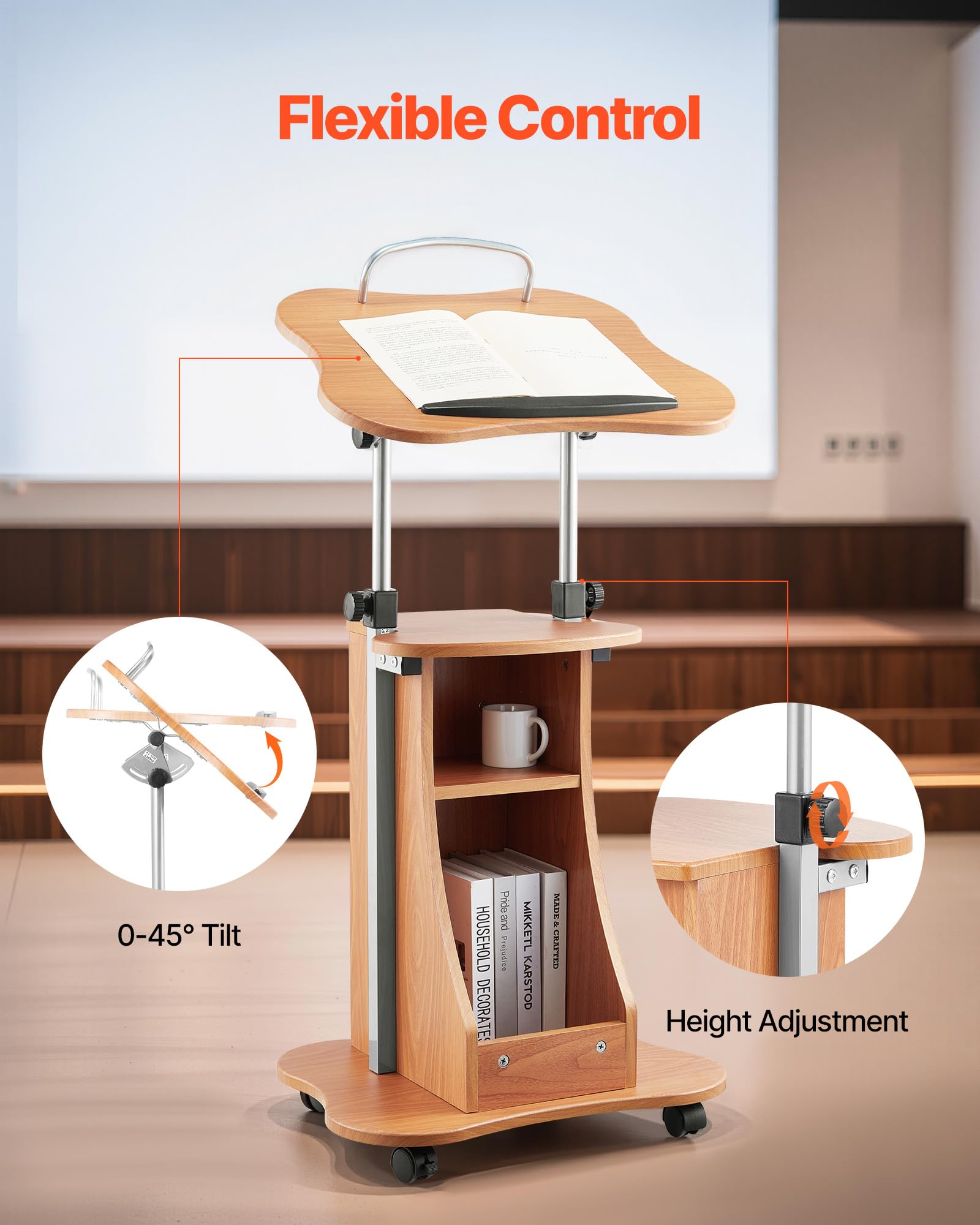 VEVOR Supporto per Podio, Capacità di Peso 10 kg Podio per Conferenze con Ruote Bloccabili, Ampia Superficie di Lettura e Vano Portaoggetti Aperto, Altezza e Angolazione Regolabili, per Discorsi