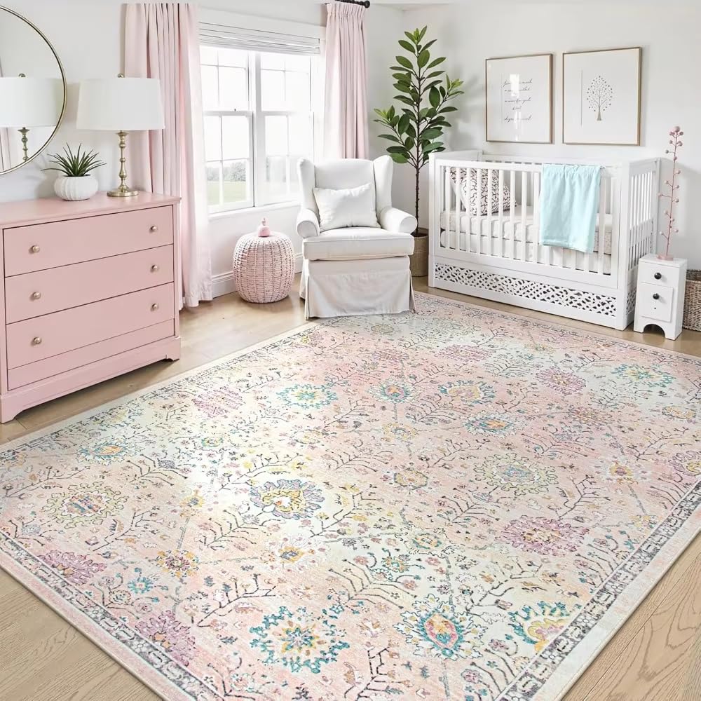 Tapis bohème Rose, 240 x 120 cm, Lavable, pour Chambre ou Salon, Motif Floral Rose poudré Doux, antidérapant.