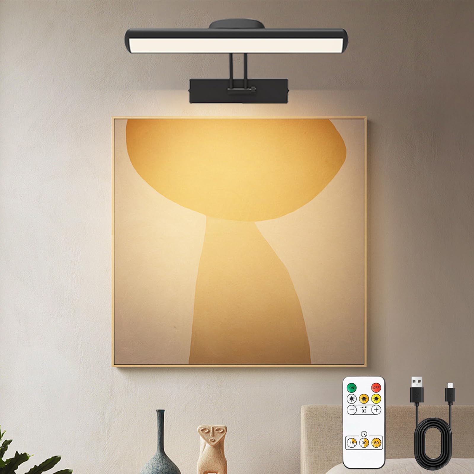 Lampe murale à Télécommande，Eclairage d'un tableau LED sans fil，tête d'éclairage LED rotative avec minuterie,Lampe d'image à bras pivotant à 180 °pour la fresque et les fléchettes.（Noir 32cm）
