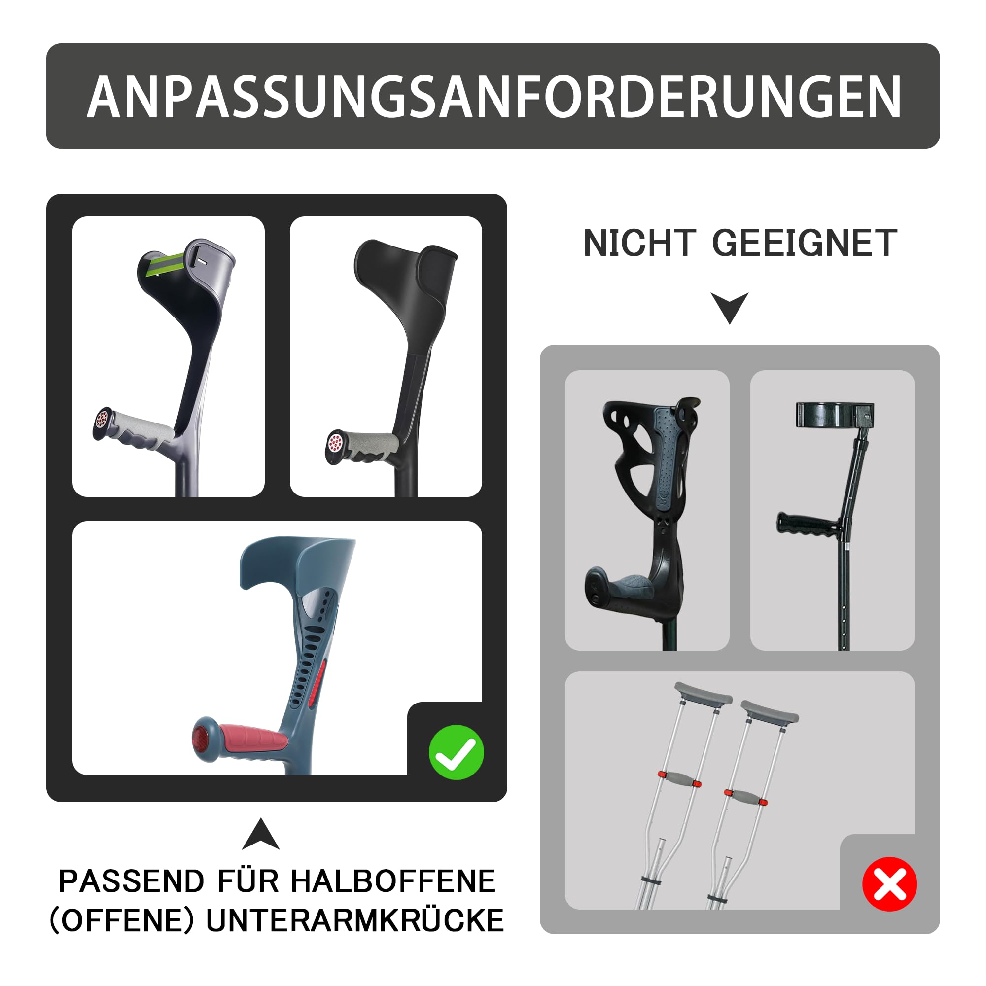 SPRING SEAON krücken griffpolster – Pads für Gehstützen 4er-Set, Unterarmgehstützen-Polster für offene Manschette, rutschfeste Handgriff-Bezüge mit verstellbaren Klettgurten, atmungsaktiv & waschbar