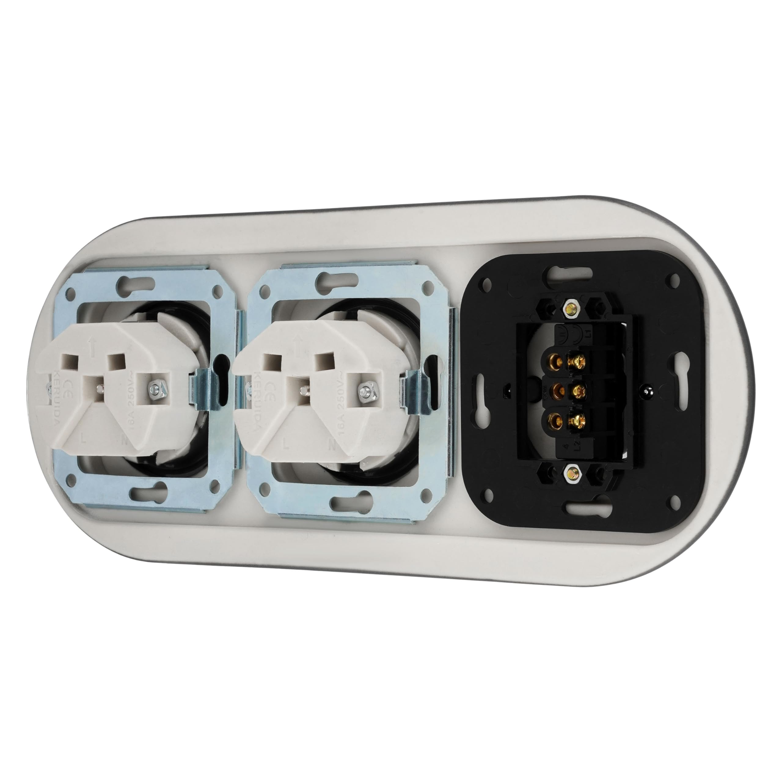 Unterputz Porzellan Retro Steckdose, Schalter, 3-fach, All-in-One, SET Serie PR1 dunkelgrau