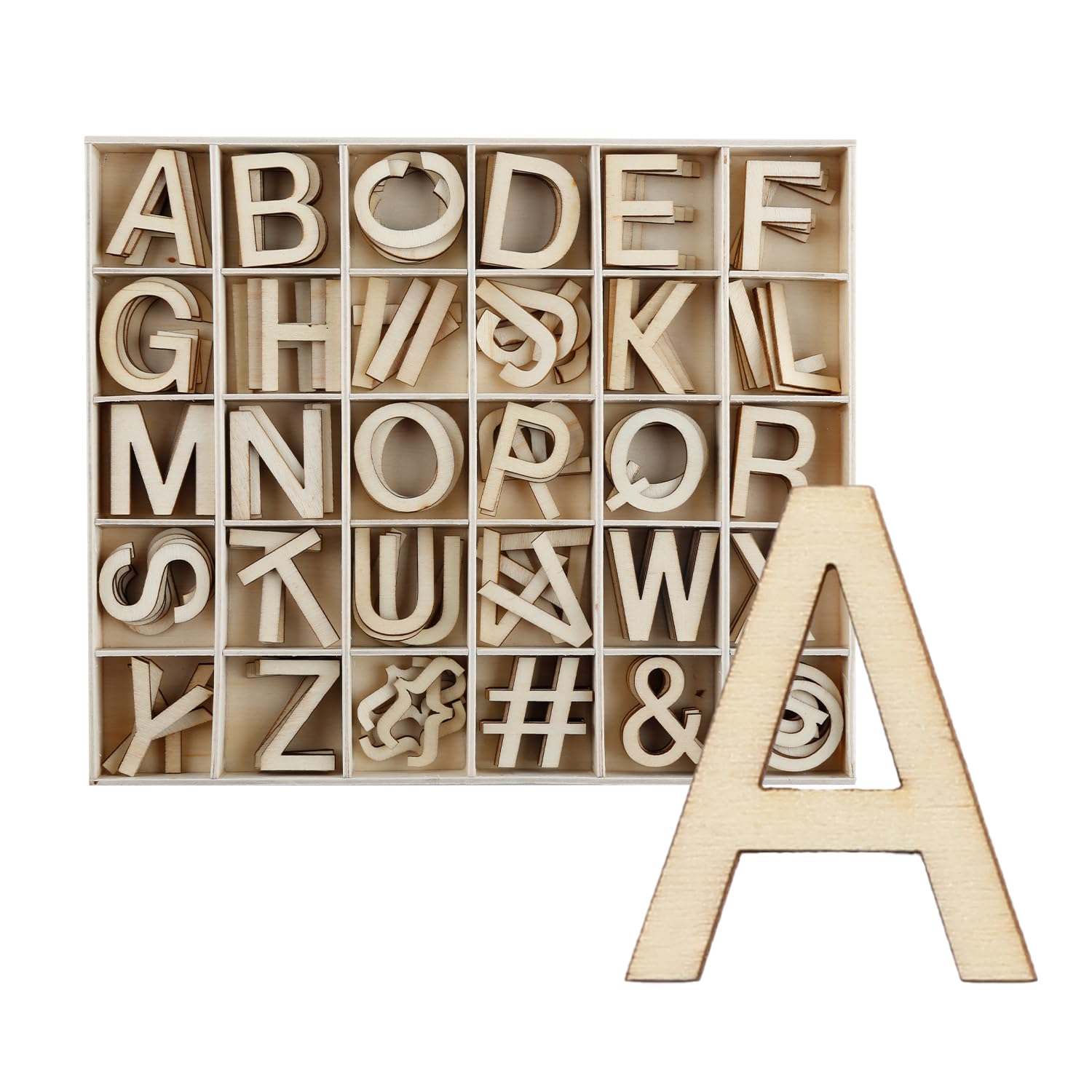 Bojueshaw 180PCS Wooden Alphabet Letters Symbols Set,30 Grid Storage Box with A-Z Characters and Signs,for Spelling,Scrapbooking