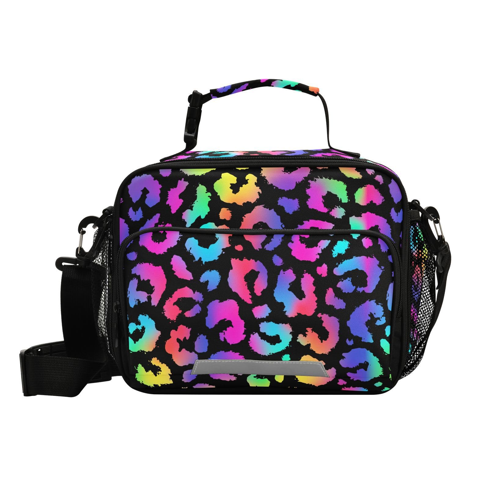 ALAZA Large Lunch Bags, Rainbow Leopard Print Cheetah Colorful Insulated Lunch Bags with Shoulder Straps and Buckle Handle, Crossbody Tote Lunch Box for Teenager Student Girls Boys, 2 Compartments