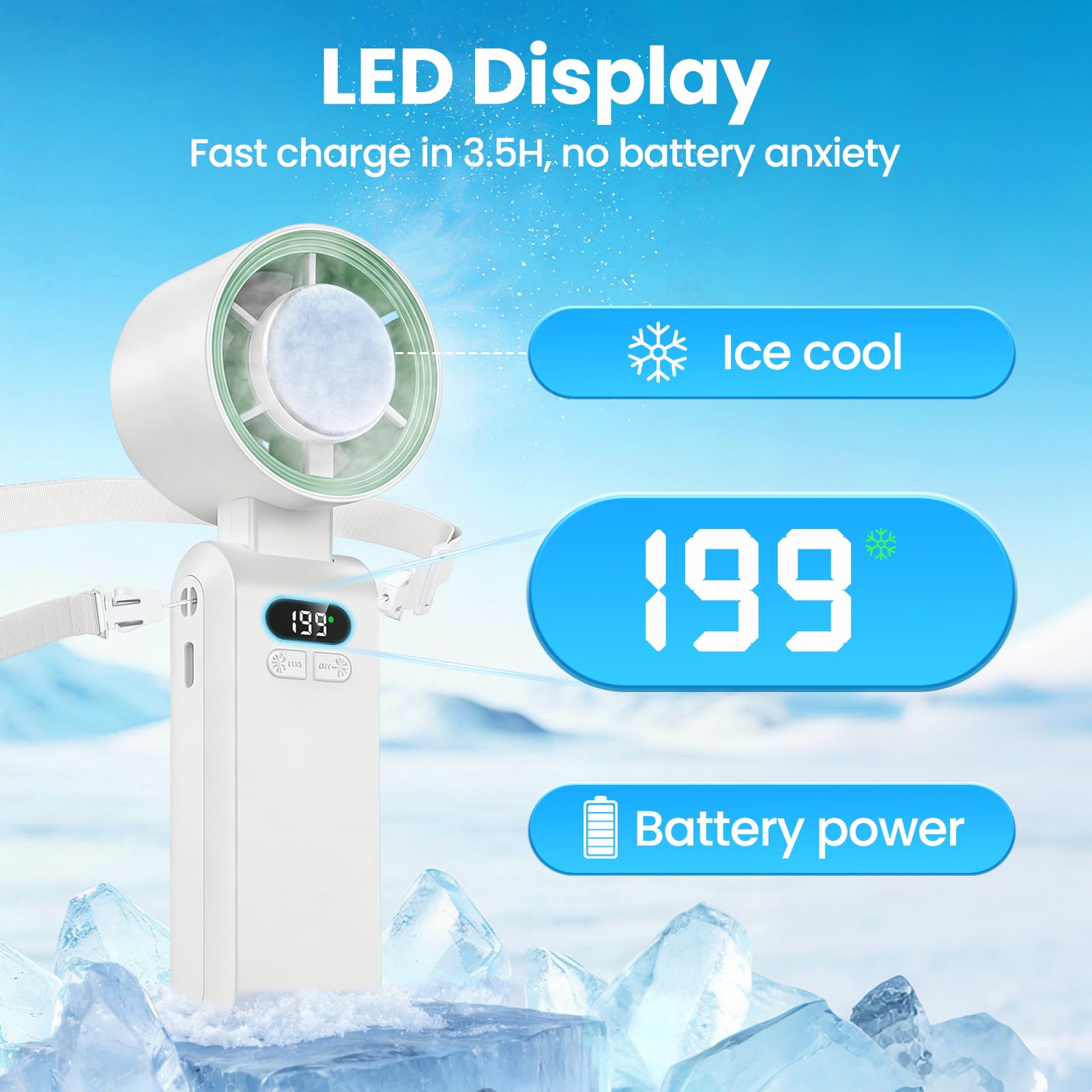 Alutoria Mini Ventilador de Mano, Función de refrigeración, Turbo Ajustable de 1-199 Velocidad, Pantalla LED, Ventilador de Cuello Pequeño Plegable USB para Camping,Viajes,Hogar,Oficina (Blanco) — view 3