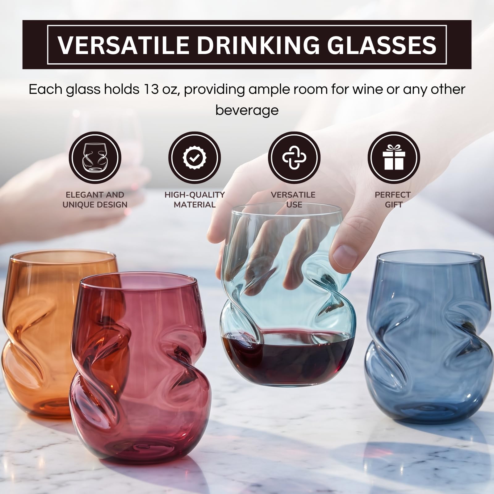 Khen Copas de vino irrompibles sin tallo, juego de copas de vino de plástico Tritan europeo con hendiduras para los dedos, juego de 4 vasos pastel de 13 onzas, acrílico reutilizable, sin BPA, airea