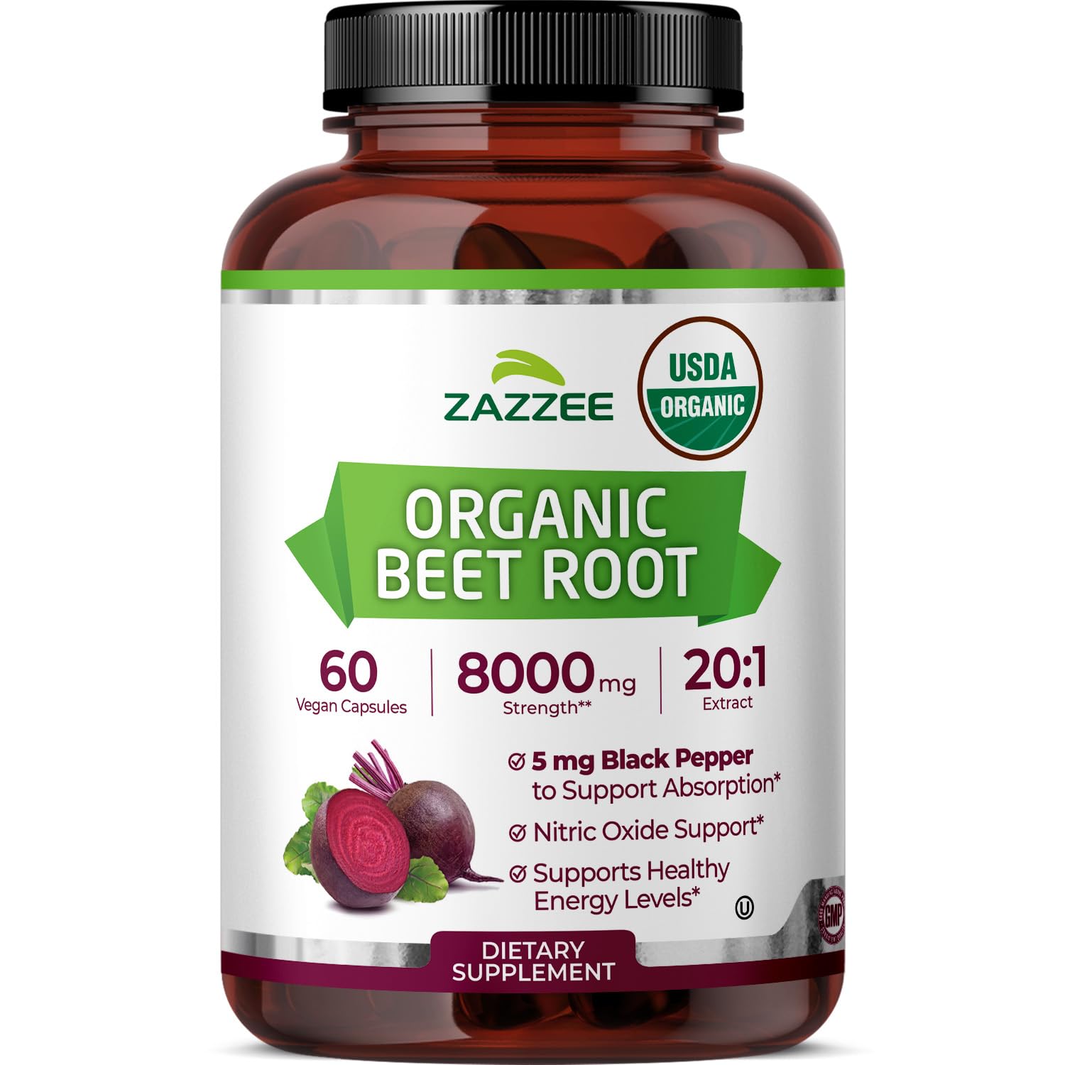 Zazzee USDA Organic Beet Root 20:1 Extract, 60 Quick Release Capsules 60 Count (Pack of 1)