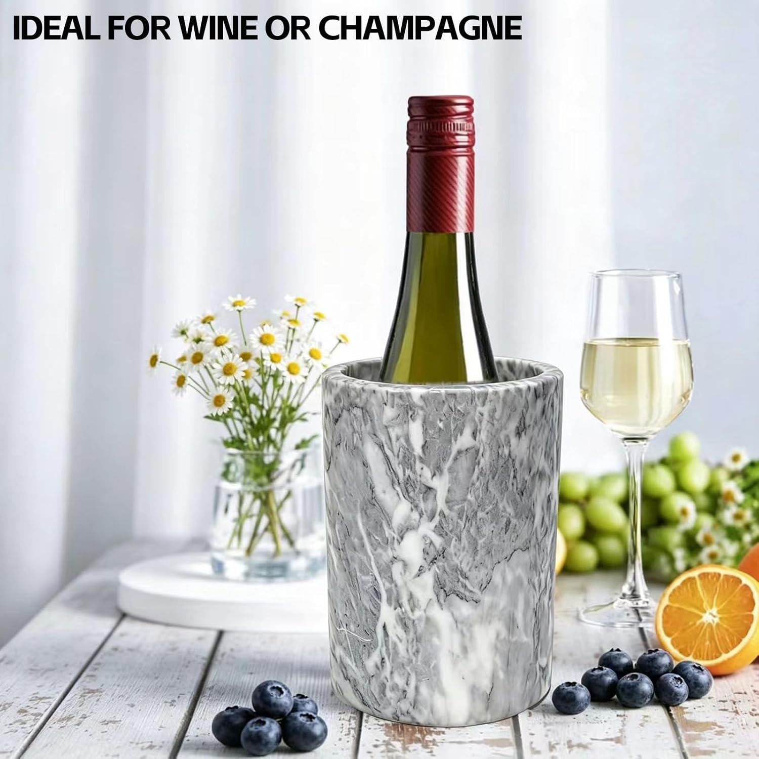 Marble Wine Chiller Bucket - Wine & Champagne Cooler for Parties, Dinner – Keep Wine & Beverages Cold, Wine Chillers for Bottles – Holds Any 750ml Bottle - Ideal Gift for Wine Enthusiasts (White)