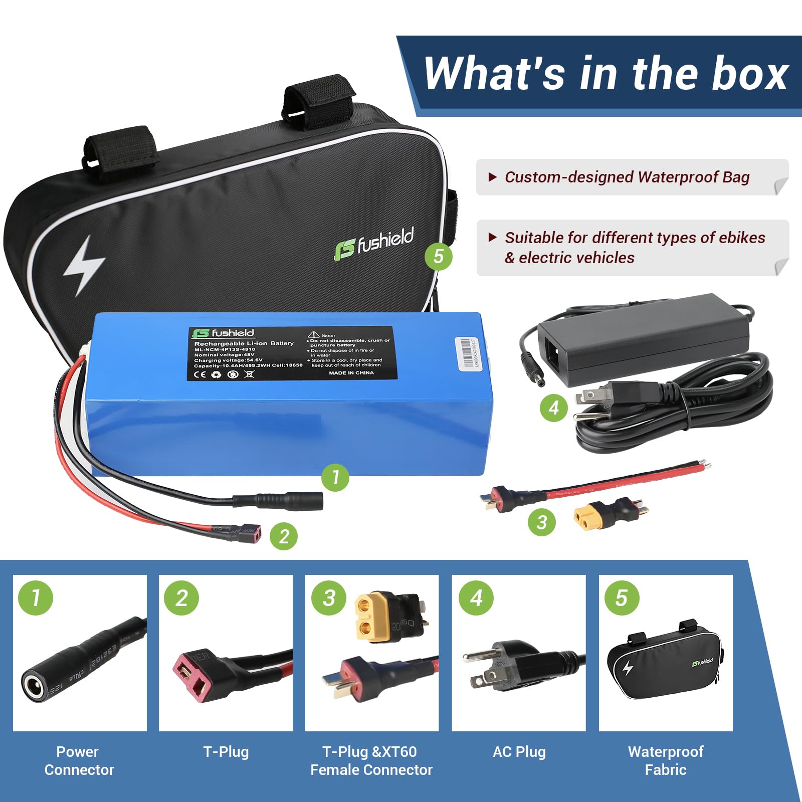 36V 48V 52V Ebike Lithium Battery with 2A Charger & Waterproof Case, 300-1600Wh Electric Bike Scooter Replacement Lithium Ion Battery Built-in Smart BMS for 200-2000W Motor (48V 18Ah (for 500-1000W))