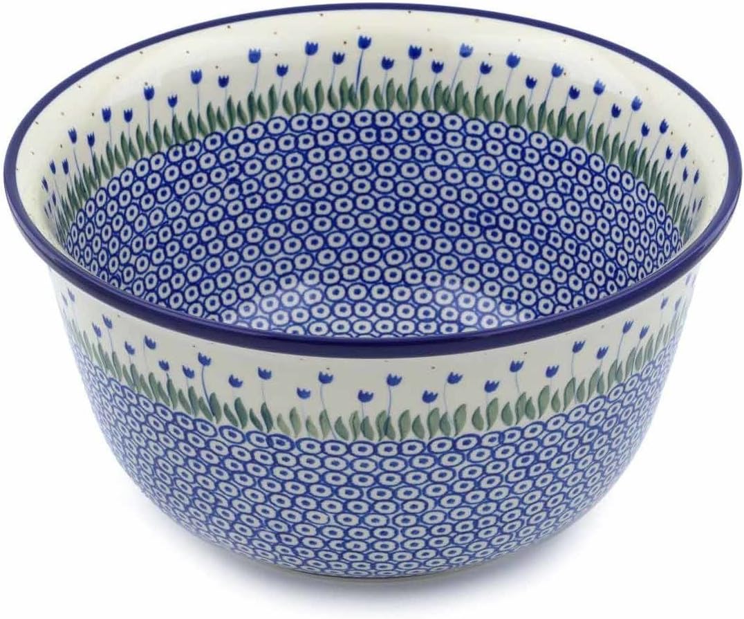 Polmedia Polish Pottery Mixing Bowl 12-inch - Water Tulip Pattern Handmade in Boleslawiec Poland by Ceramika Artystyczna + Certificate of Authenticity