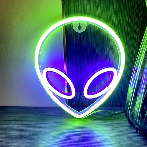 Miniatura 2 de Letrero de neón con cabeza de alienígena, 1 unidad, luz de neón de alienígena verde y morado, USB o 3 pilas AA, divertido letrero de neón iluminado