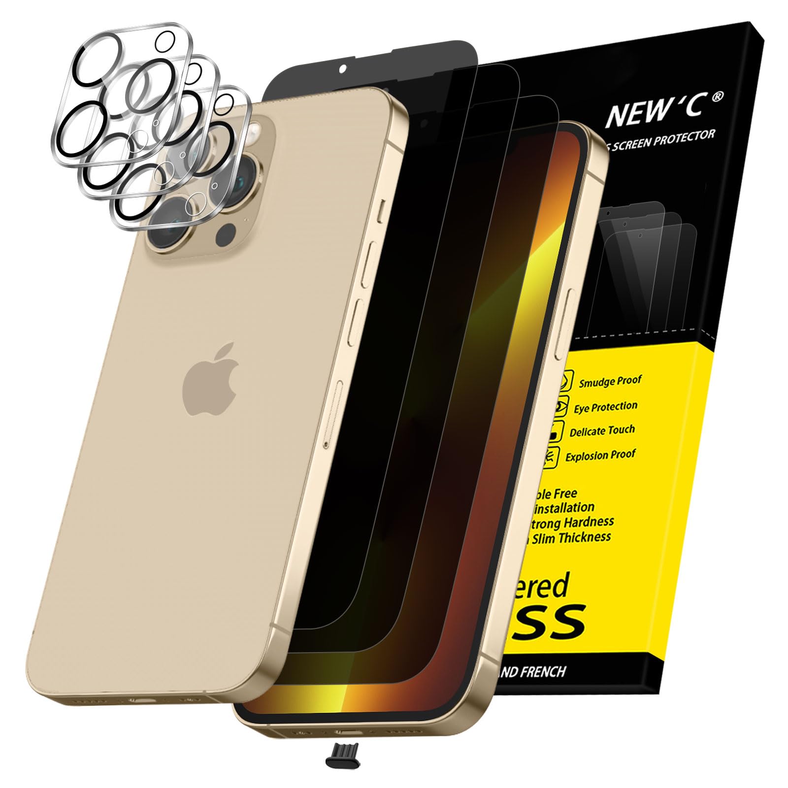 NEW'C 3x Protector Pantalla privacidad para iPhone 13 Pro Max (6,7 Pulgadas) y 3x Protector de Lente de Cámara +Tapón Antipolvo- Ángulo de Confidencialidad Mejorado de 28 Grados Global Recycled Standard Global Recycled Standard Global Recycled Standard