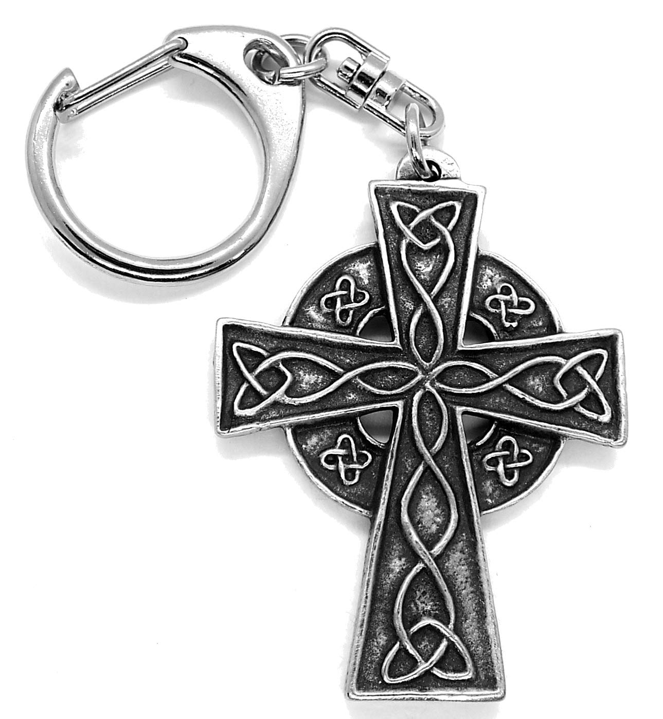 Celtic Cross Push Gate Keyring with Grey Burlap Pouch