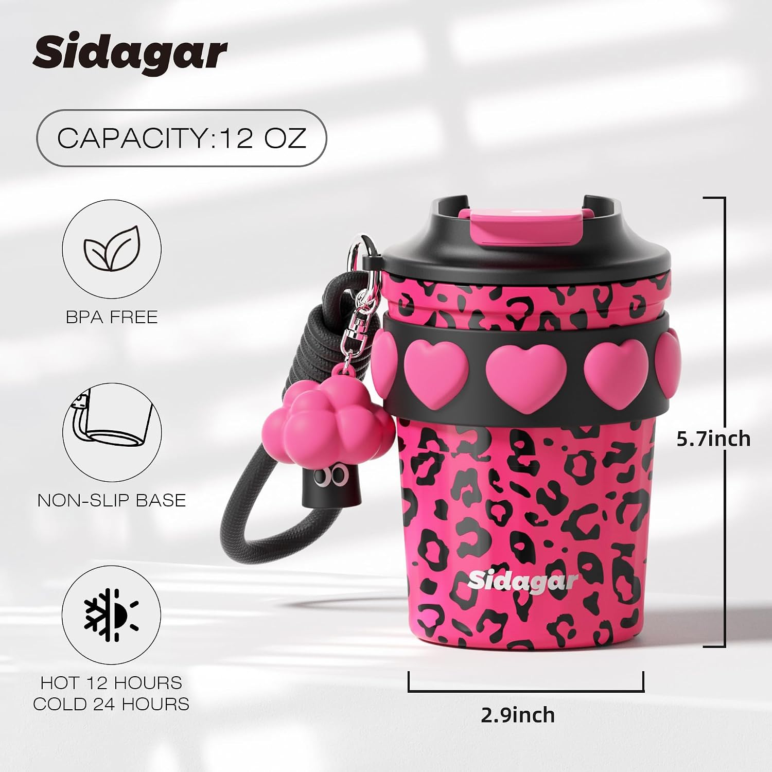 SDGA+ 12 oz Travel Coffee Mug Spill Proof Leak Proof, Stainless Steel Thermal Coffee Cup with Lid, Resuable Cup for Hot and Cold, Portable Tumbler for Women, Pink Leopard image 2