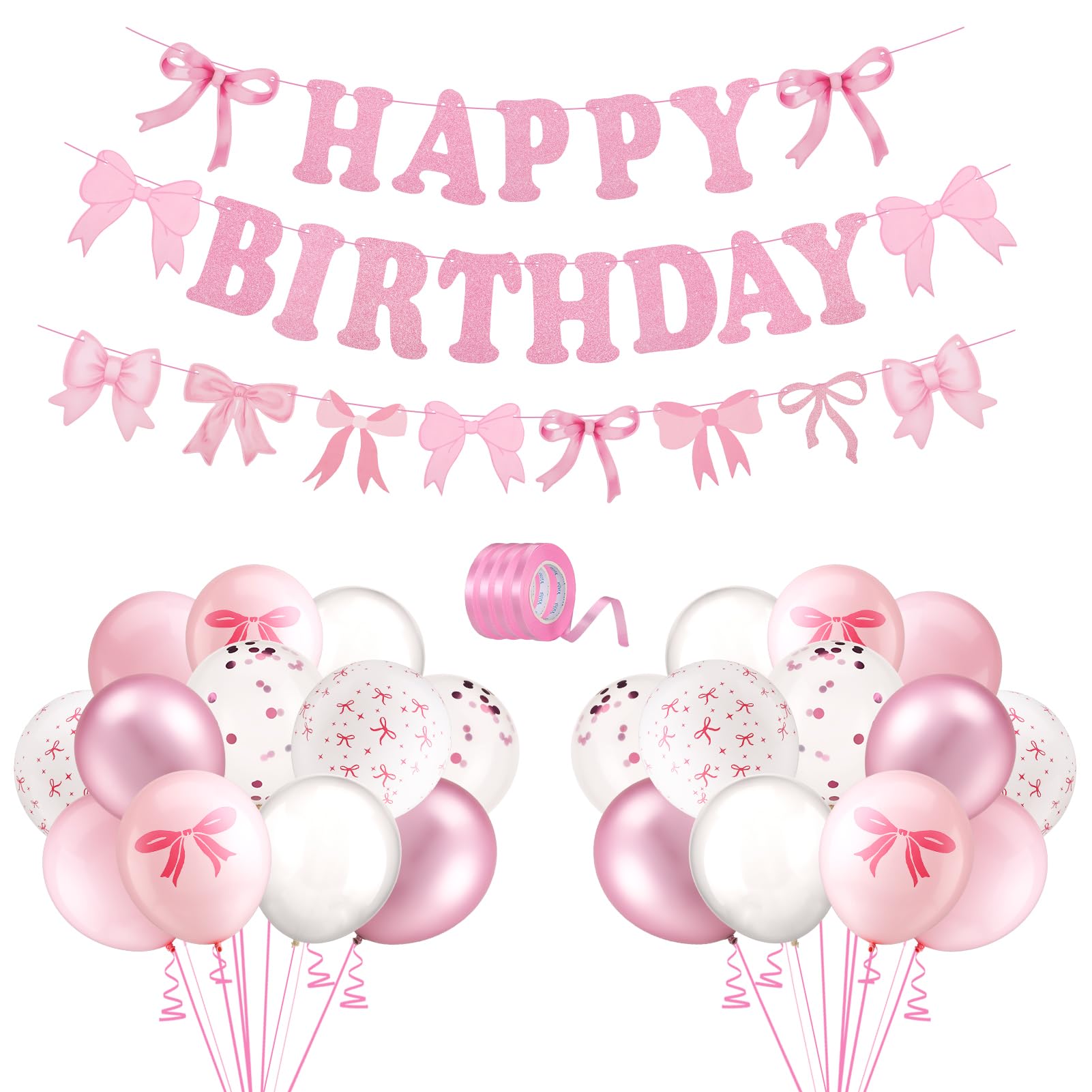Pink Birthday Decorations Pink Bow Happy Birthday Banner Garland and 24Pcs Pink Birthday Balloons Sweet Photo Props for Princess Women Girls