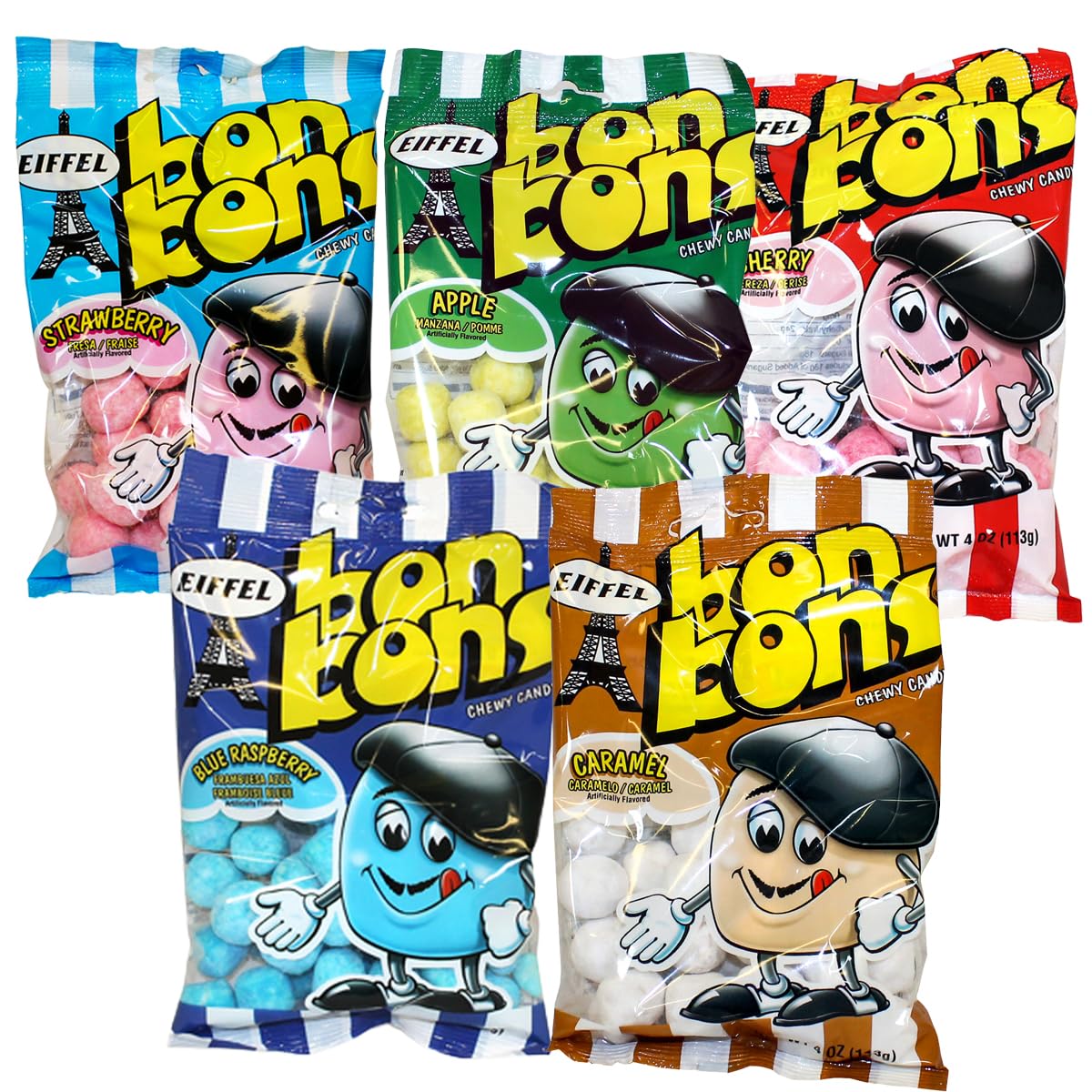 Eiffel Bon Bons Variety 5 Pack, 4 Ounce Each (Pack of 5) Caramel, Blue Raspberry, Apple, Cherry & Strawberry, Chewy Candy Snack, The Hampton Popcorn & Candy Company Variety 5 Count