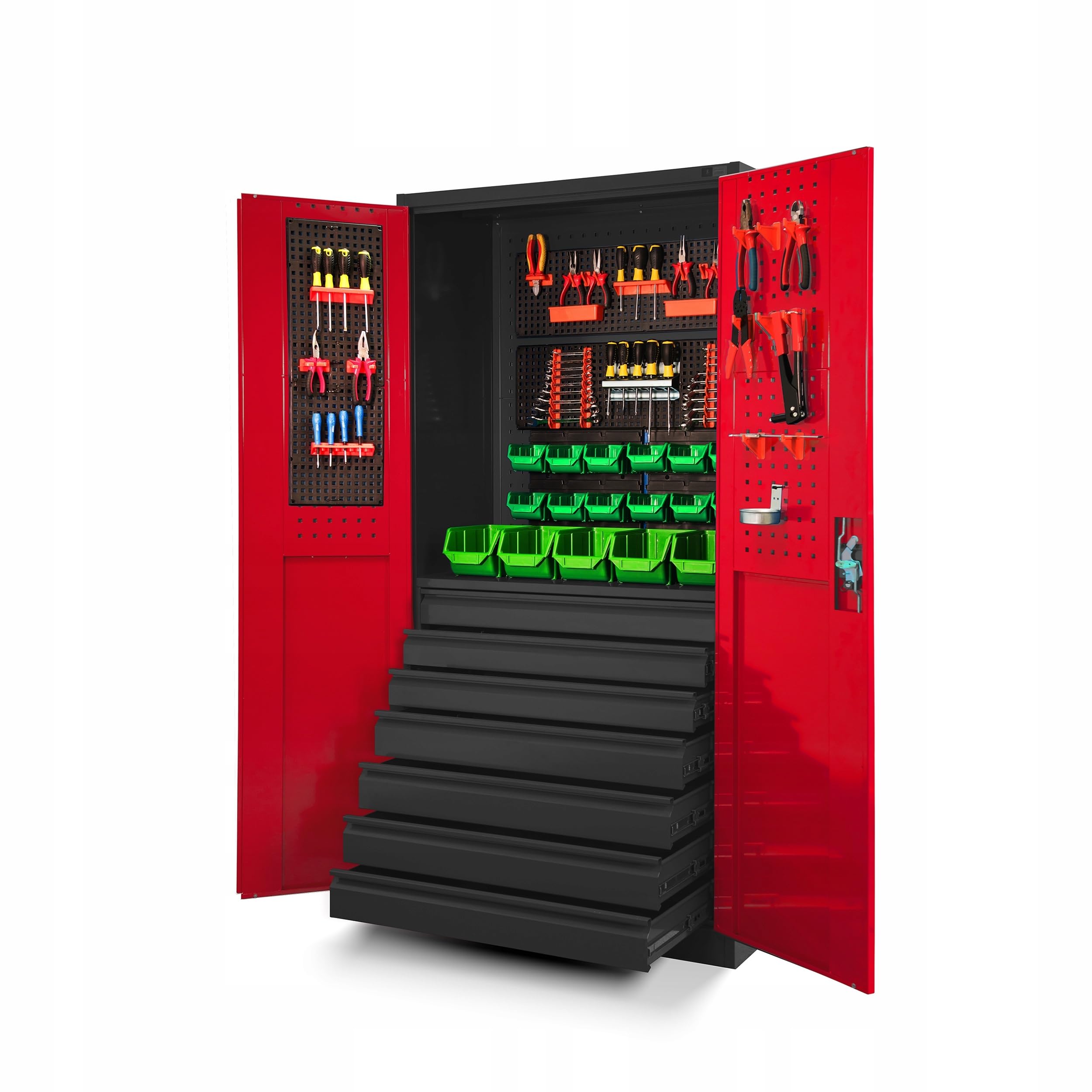 Jan Nowak by Domator24 Werkzeugschrank TC007 Werkstattschrank Garagenschrank Universalschrank Lagerschrank Pulverbeschichtet Flügeltüren Stahlblech 185 cm x 92 cm x 50 cm (anthrazit/rot)