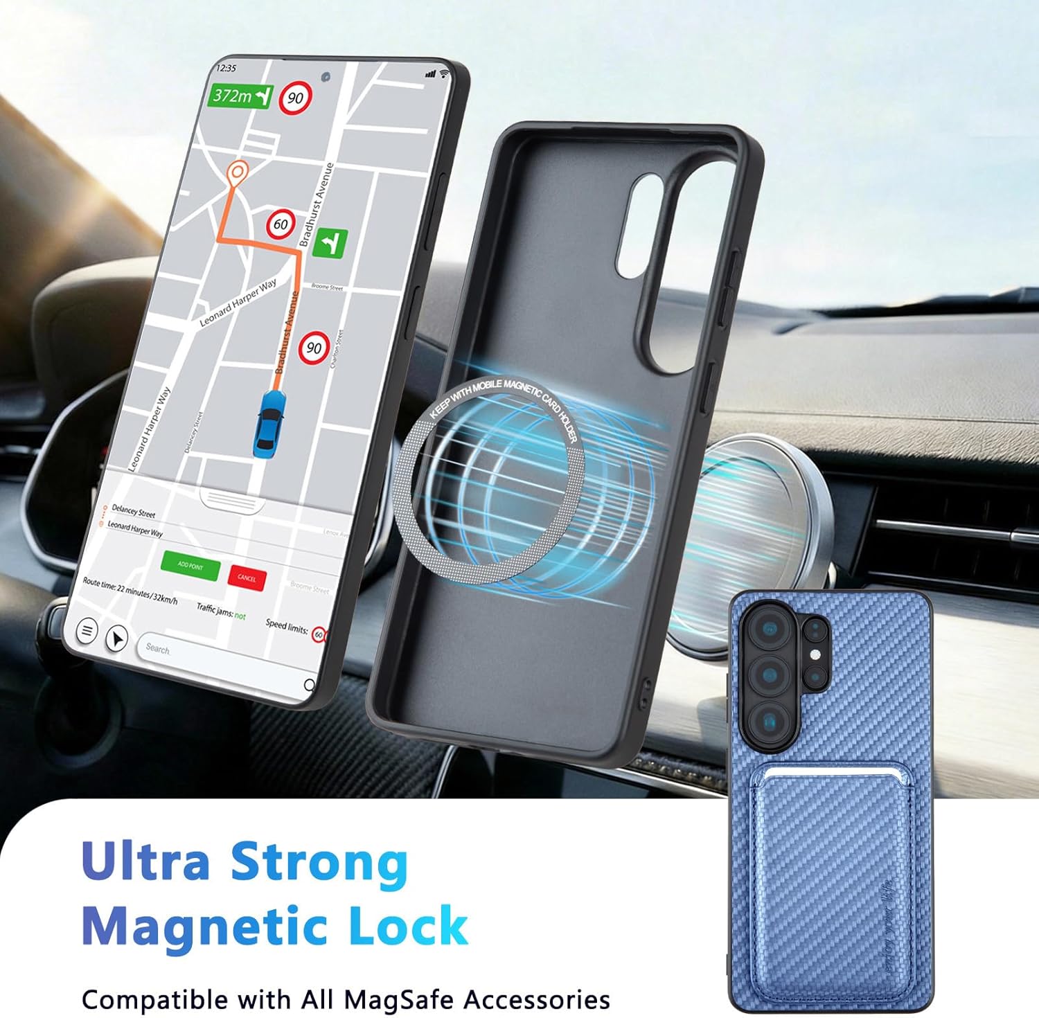 Designed for Samsung S26 Ultra Case with Card Holder, Fit for MagSafe & Magnet, Compatible Knitted Business Design with Anti-Slip TPU Frame & Shock Absorption Protection，Blue