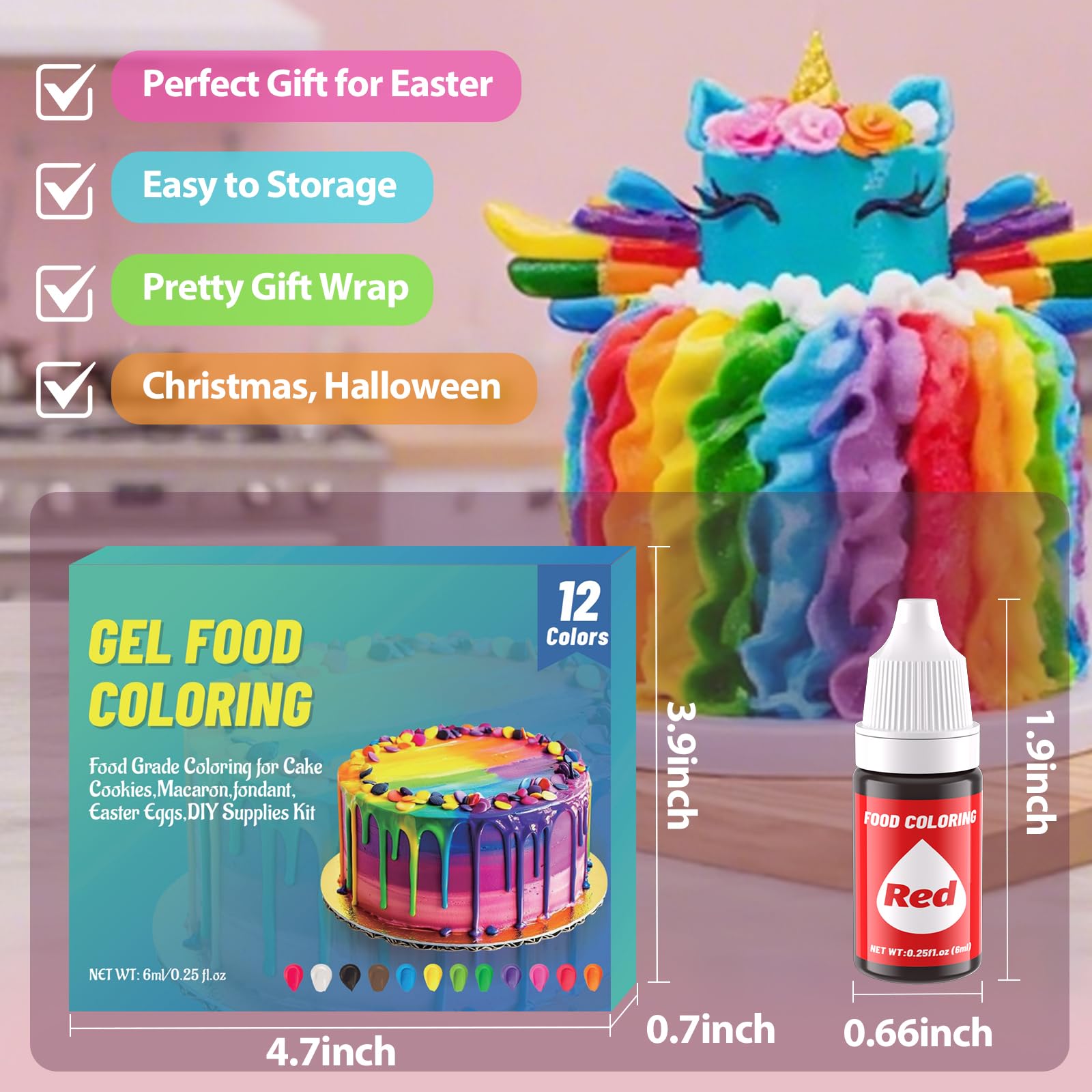 Gel-Lebensmittelfarbflüssigkeit-Set zum Backen, Zuckerguss, Kuchen, Dekoration, Kekse, Fondant, Zuckerguss, Kekse, Weihnachtsbacken, 12 Farben, lebensmittelecht, geschmacksneutral, lebendig, für