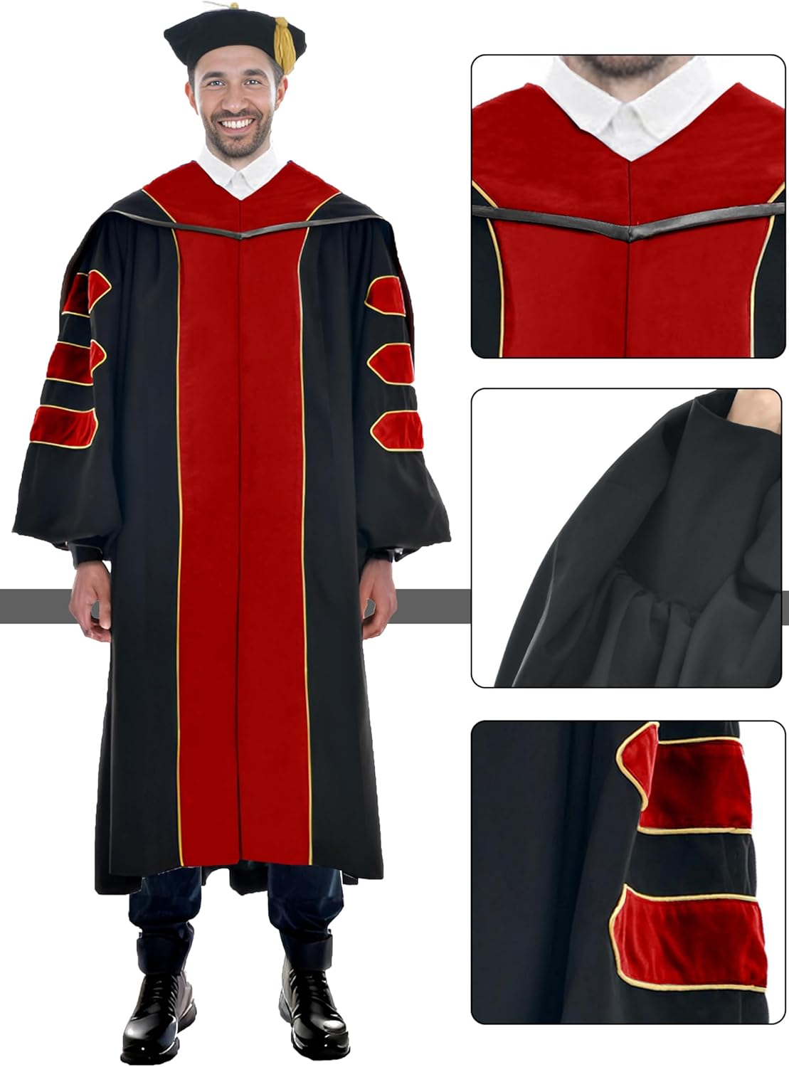 Deluxe Graduation Doctoral Gown Doctoral Hood and Tam 8 Sided Package with Gold Piping Doctoral Regalia