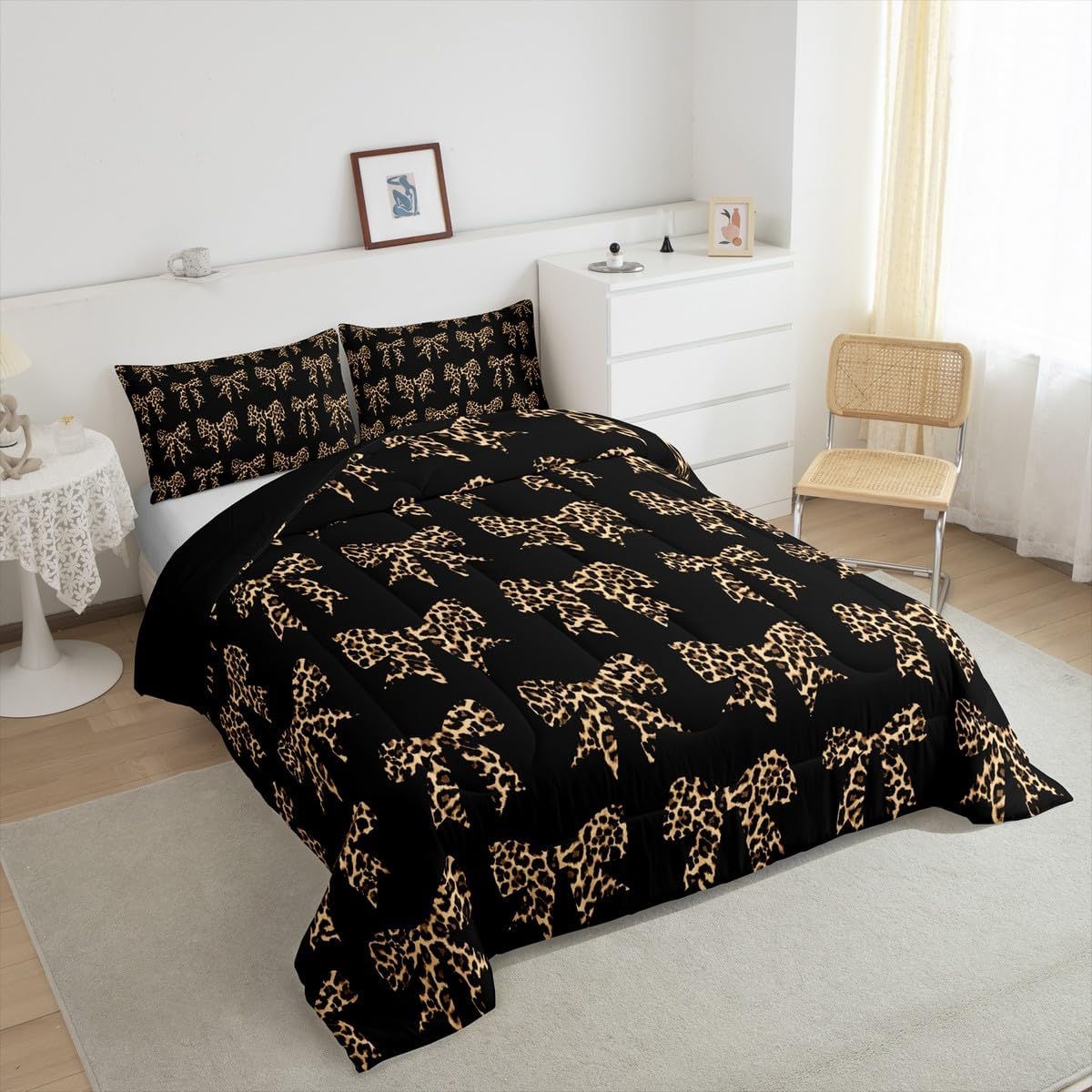 Erosebridal Cheetah Bow Comforter Set Twin,Coquette Bowknot Bedding for Kids Boys Girls Women,Brown Abstract Leopard Print Down Comforter