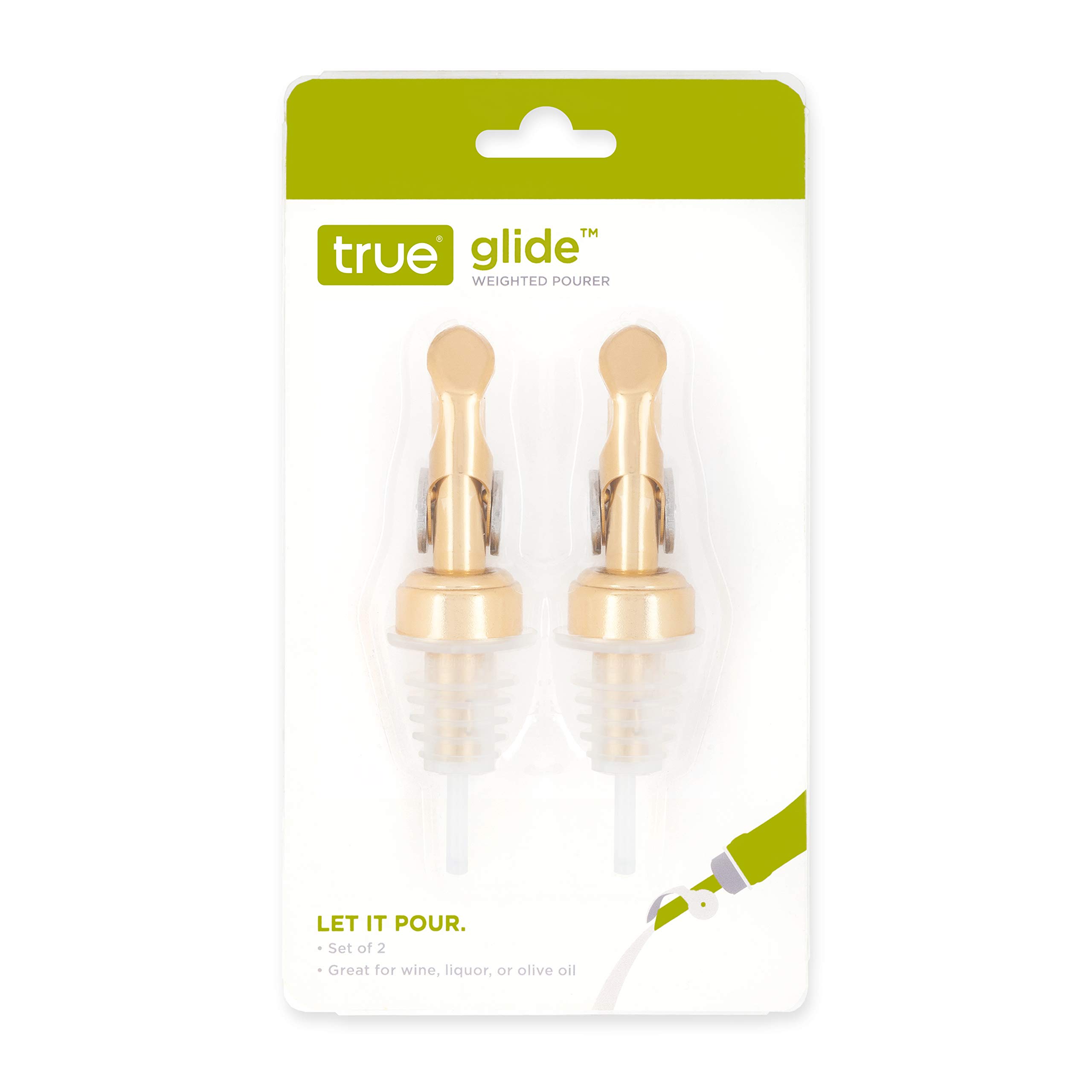 Glide - Juego de 2 vertedores con peso con función de cierre automático para licor, vino, aceites o vinagre, acero inoxidable, dorado, juego de 2 7