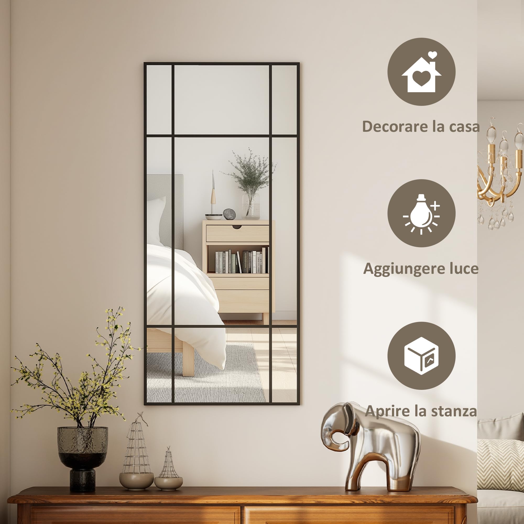 HOMCOM Specchio Moderno Stile Finestra, Specchiera da Camera e Soggiorno con Montaggio Verticale e Orizzontale, 110x50cm, Nero