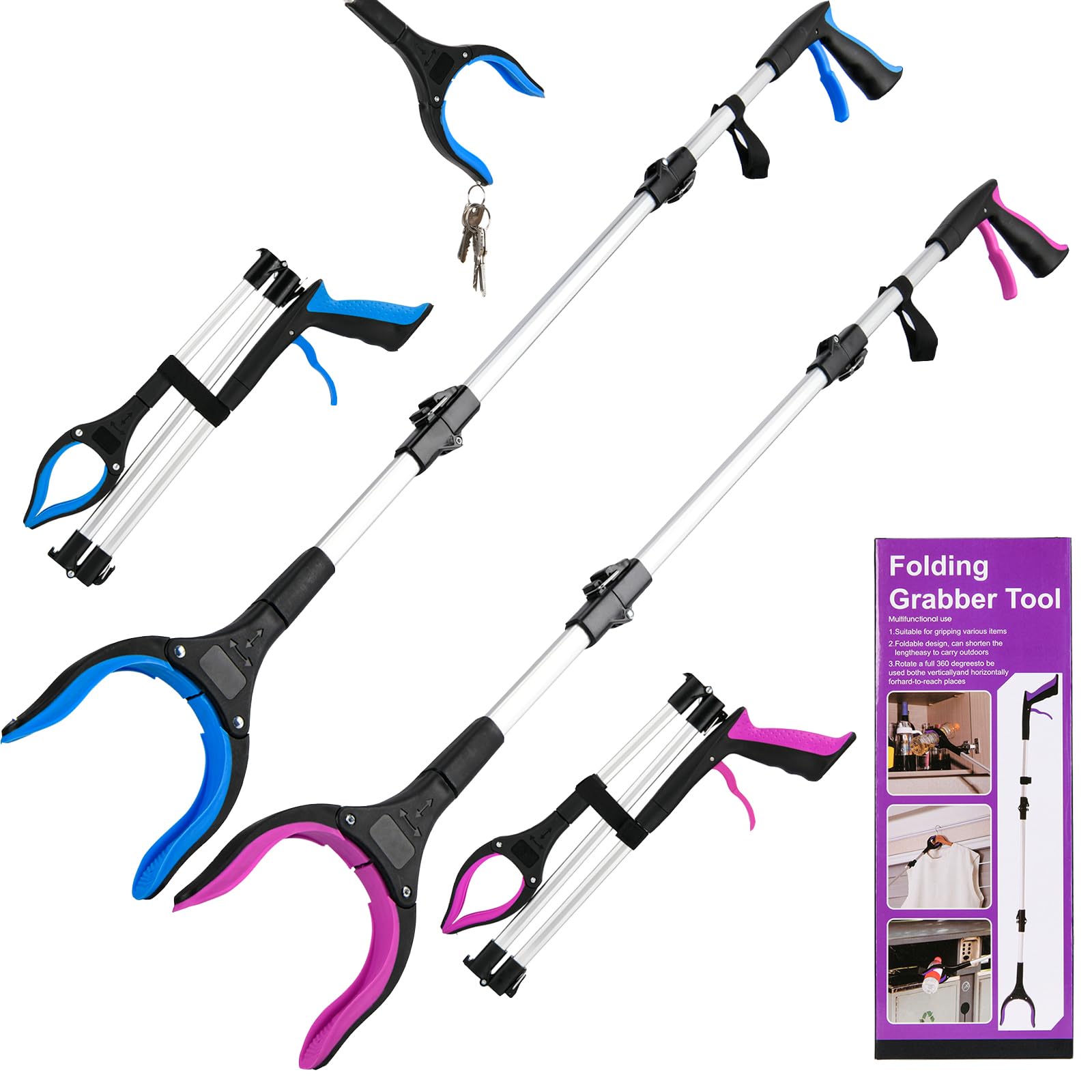 43 inch overlong Grabber Reacher Tool,2-Pack Upgrade,Foldable Reacher Grabber Pickup Tool with 4 inch Wide jaw and 360° Rotating Head,Mobility Aid Assist Grabbers for Seniors (Blue&Purple)