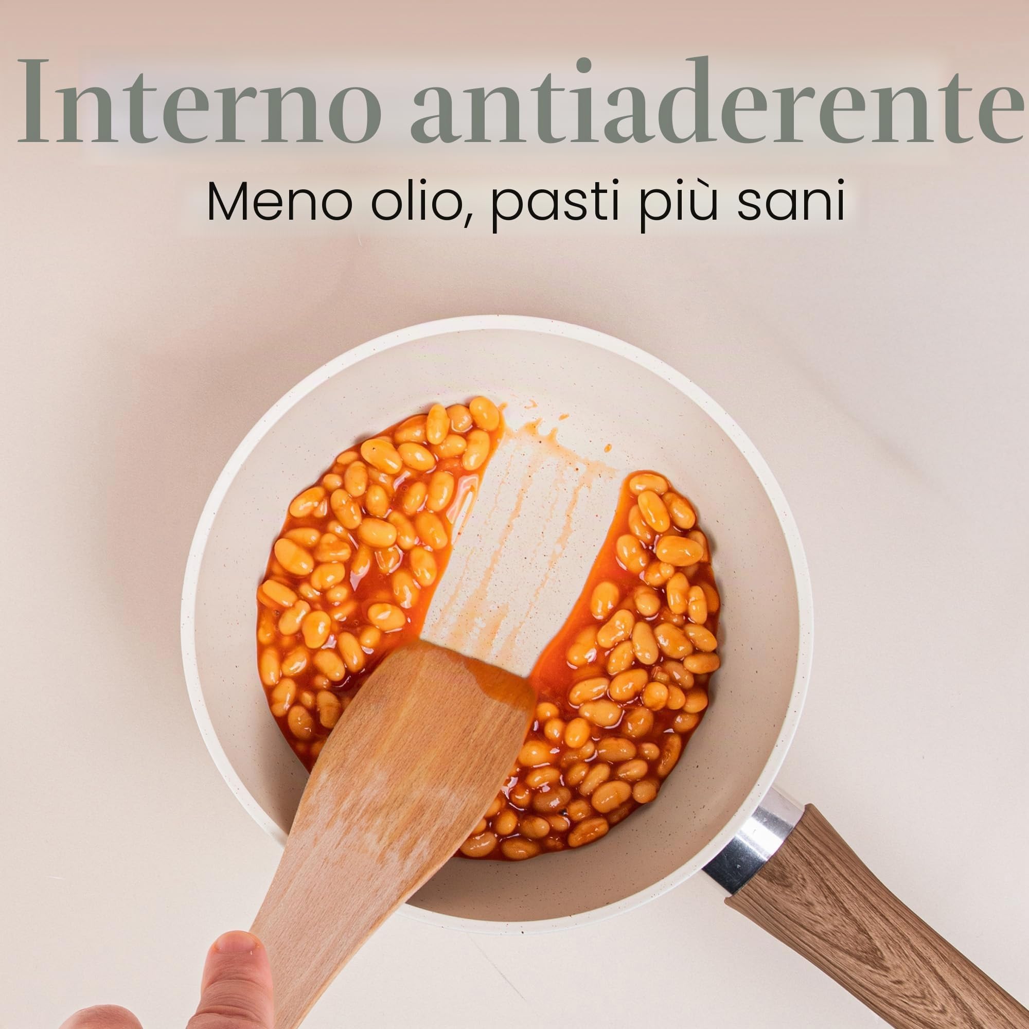Set di Pentole Antiaderenti per Induzione con Coperchio – Set di 3 Pentole per Salse in Granito Color Crema – 16 cm, 18 cm, 20 cm – Nuovva