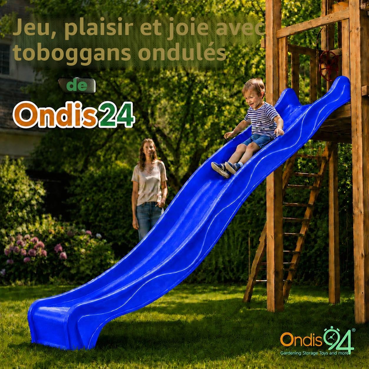 Ondis24 Toboggan ondulé 3m Toboggan pour enfants Toboggan d'extension Toboggan aquatique pour tour de jeu ou pente à partir de 3 ans (bleu océan)