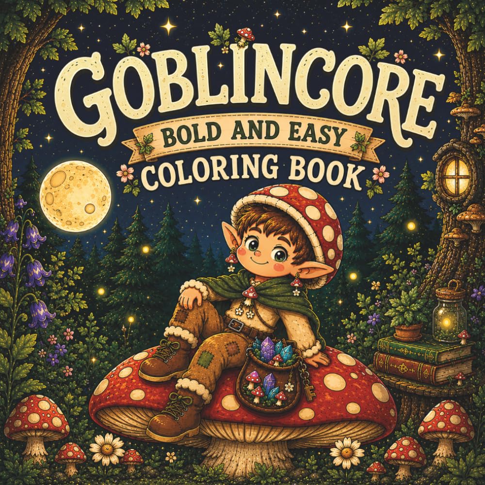 Goblincore Bold and Easy Coloring Book: Cozy Goblin Days: A Whimsical Forest Coloring Book for Adults Featuring Mushrooms, Frogs, Magical Creatures ... Thick Lines for Stress Relief and Relaxation