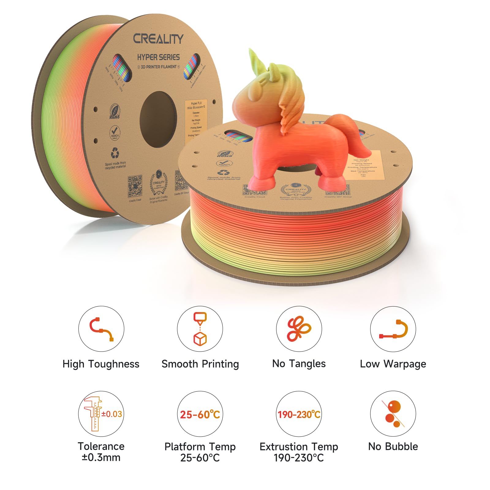 Filamento ufficiale Creality Hyper PLA 1,75 mm, filamento per stampante 3D PLA ad alta velocità 30-600 mm/s, adatto per stampanti 3D FDM, 2 kg (1 kg*2) colori arcobaleno (modifiche rapide)