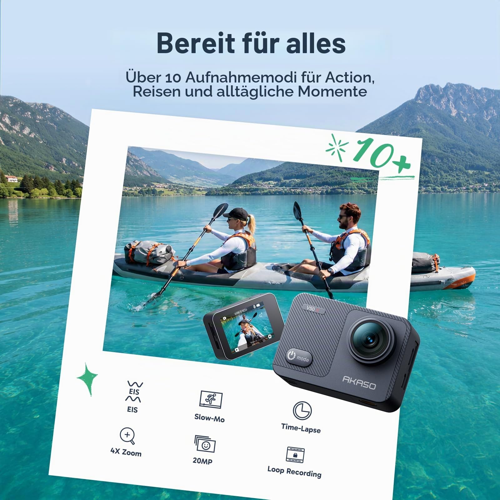 AKASO V50X Action Cam 4K30FPS mit 64GB U3 Speicherkarte Unterwasserkamera WiFi 40M EIS Anti-Shake Action Kamera 4X Zoom mit Touchscreen, Fernbedienung, Sportkamera Wasserdicht Gehäuse,Helmzubehör