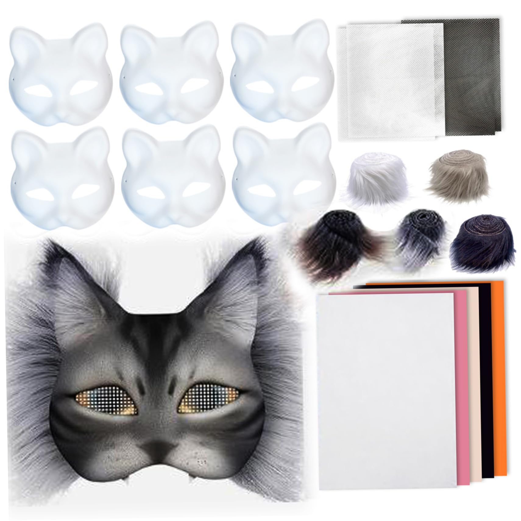 Kit di maschera therrian fai -da -te, maschere per gatti vuoti da 6 pezzi con panno in rete da 4 pezzi, striscia di lana 5 e fogli di tessuto in feltro da 5 per maschere volpe pelose fai