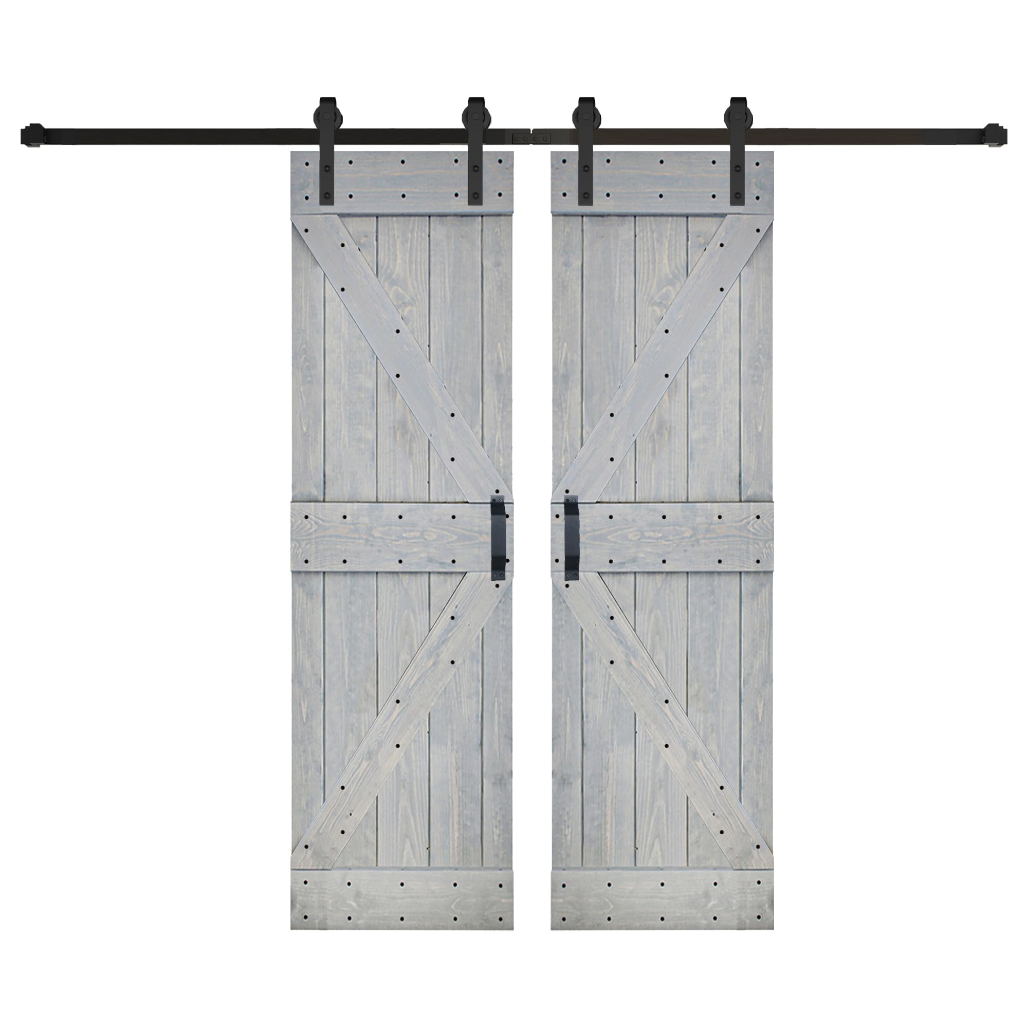 K Series 56in x 84in (28in x 84in x 2 Panels) French Gray Finished Solid Wood Sliding Barn Door with Hardware Track - Assembly Needed