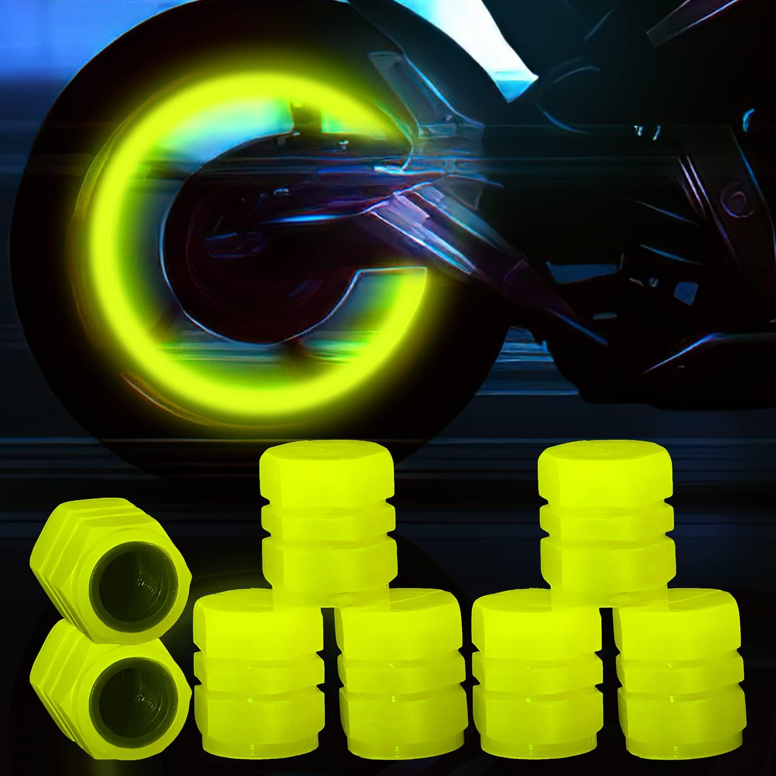 Luminous Valve Caps, 8 Pcs Fluorescent Car Valve Caps, Universal Tire Valve Stem Covers for Car Truck Motorcycles Bike, Yellow, (1.2 * 1.6mm)