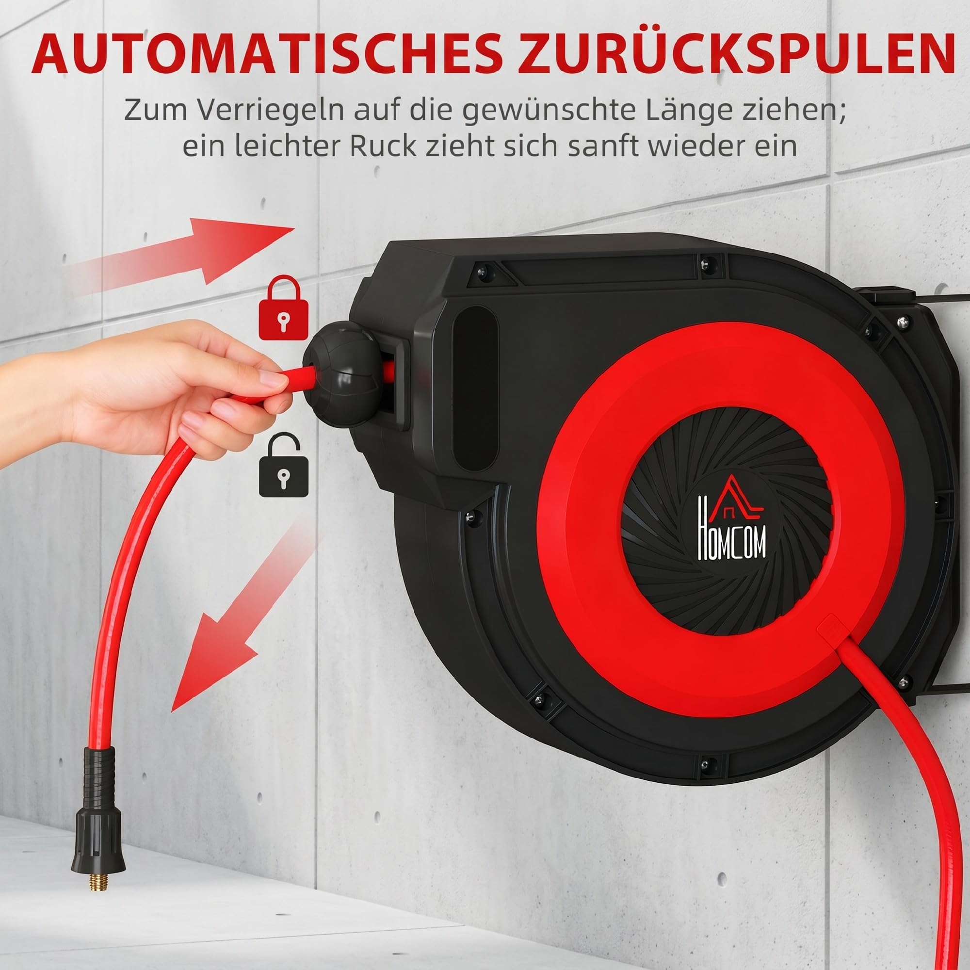 HOMCOM Avvolgicavo aria automatico 15m+1,5m | Attacco rapido 1/4", 9,5x15,8mm, max 10 bar, rotazione 180°, avvolgicavo con staffa a muro.