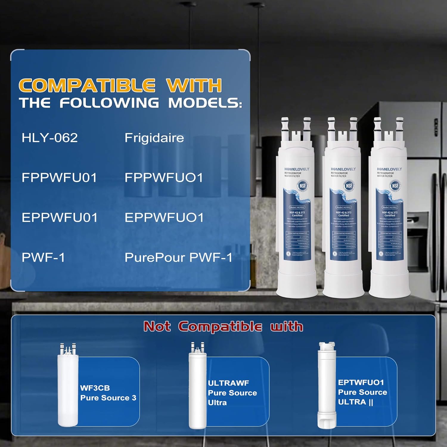FPPWFU01 Water Filter Replacement, Compatible with Frigidaire FPPWFU01, EPPWFU01, PureAdvantage PWF-1, PurePour PWF-1 (3 Pack)