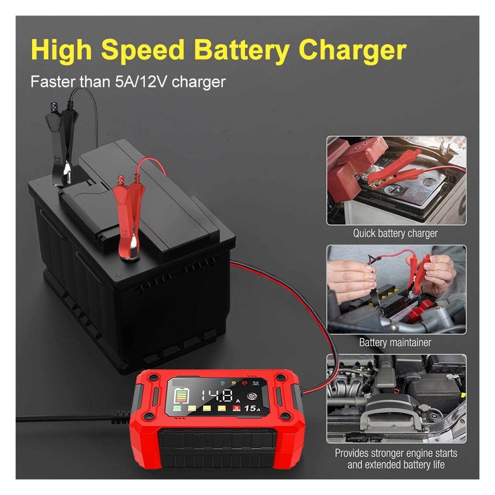 Cargador de Bateria, Cargador inteligente for baterías de coche de 12 V y 15 A con pantalla LCD más grande