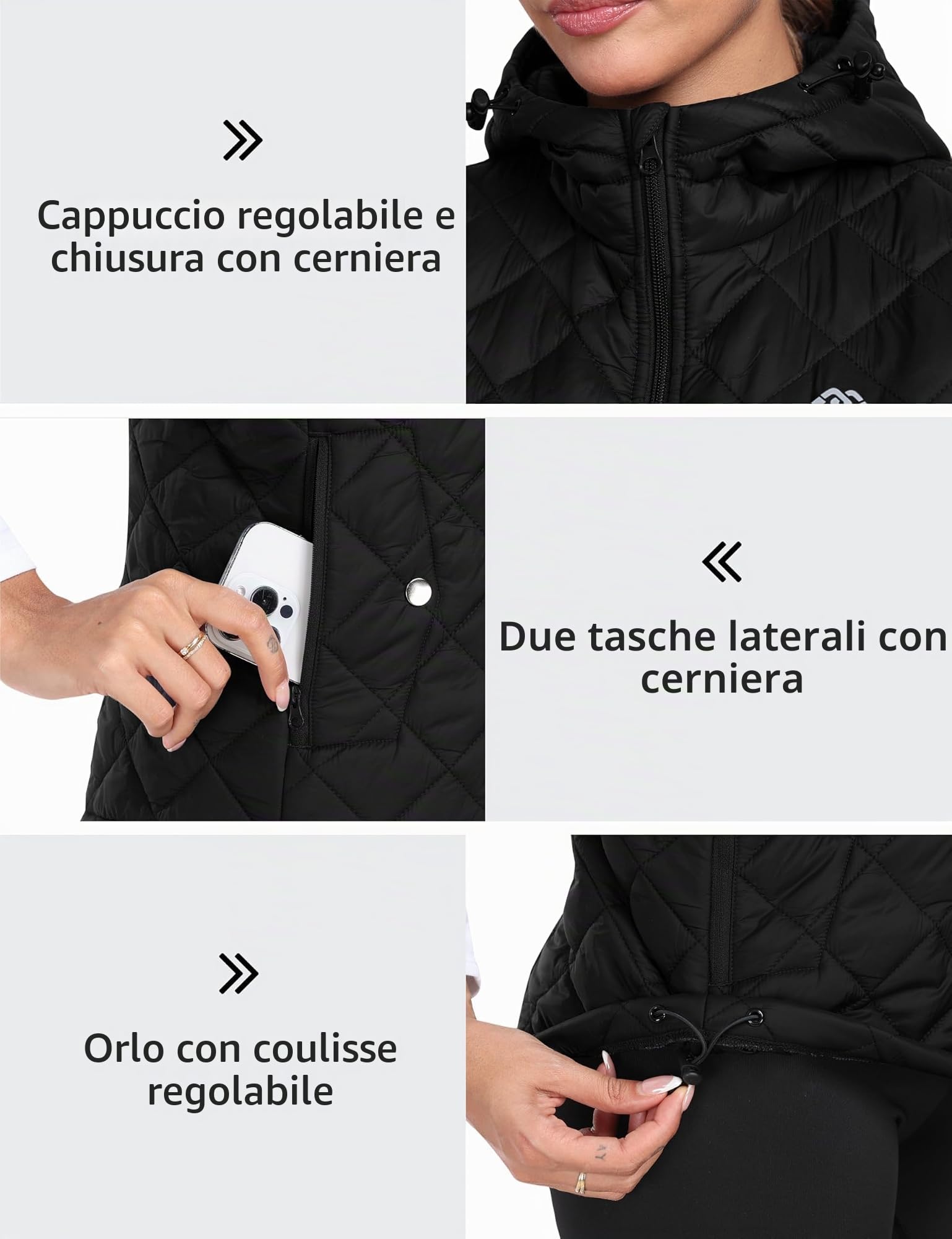 MoFiz Donna Gilet Leggero Gilet Trapuntato con Cappuccio Caldo Elegante Giacche Senza Maniche Inverno Piumino Smanicato con Tasche Zip