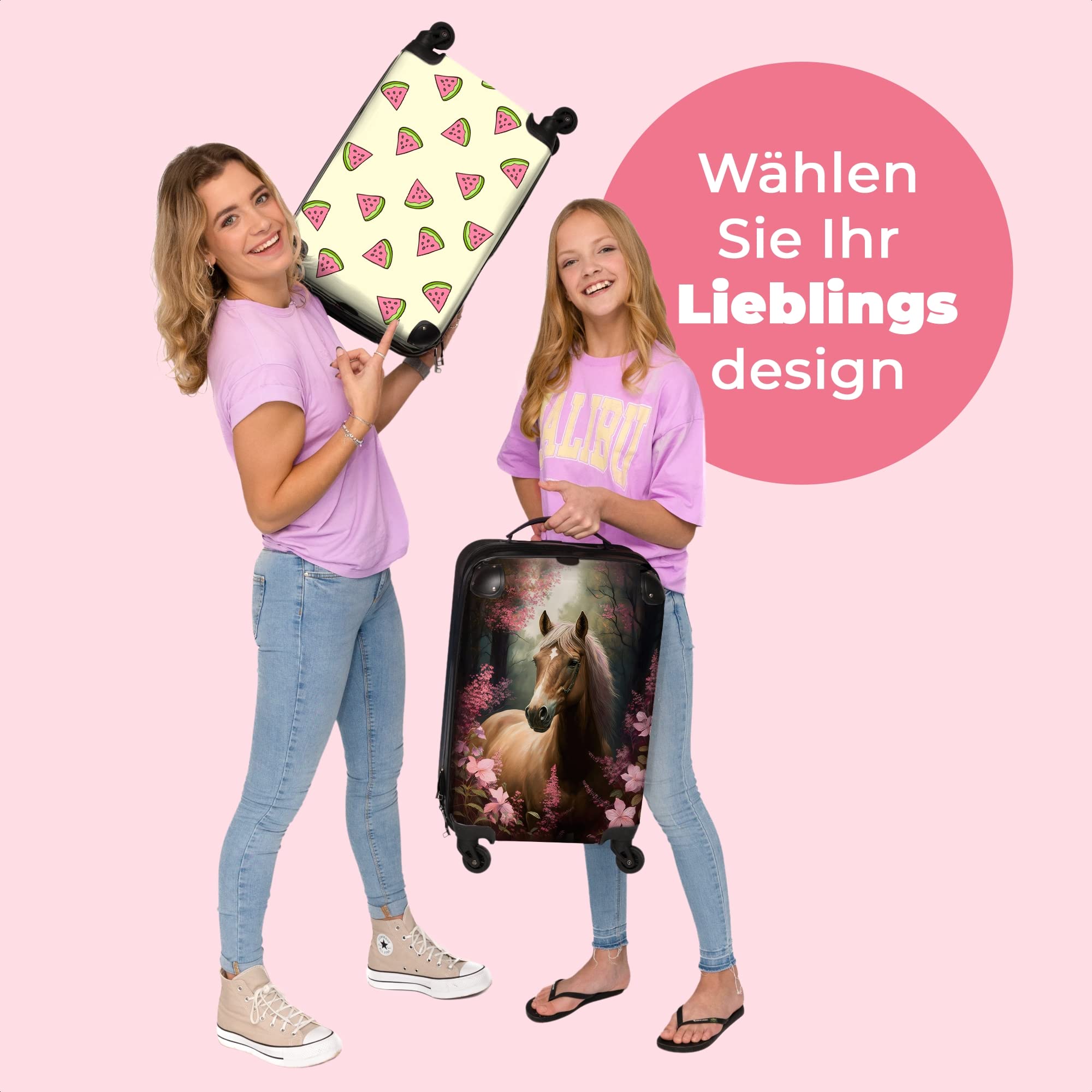 NoBoringSuitcases.com® Kinderkoffer Mädchen Reisekoffer mit Rollen Handgepäck Koffer Pferd - Rosa Blumen - Natur - Wald - 55x35x20cm