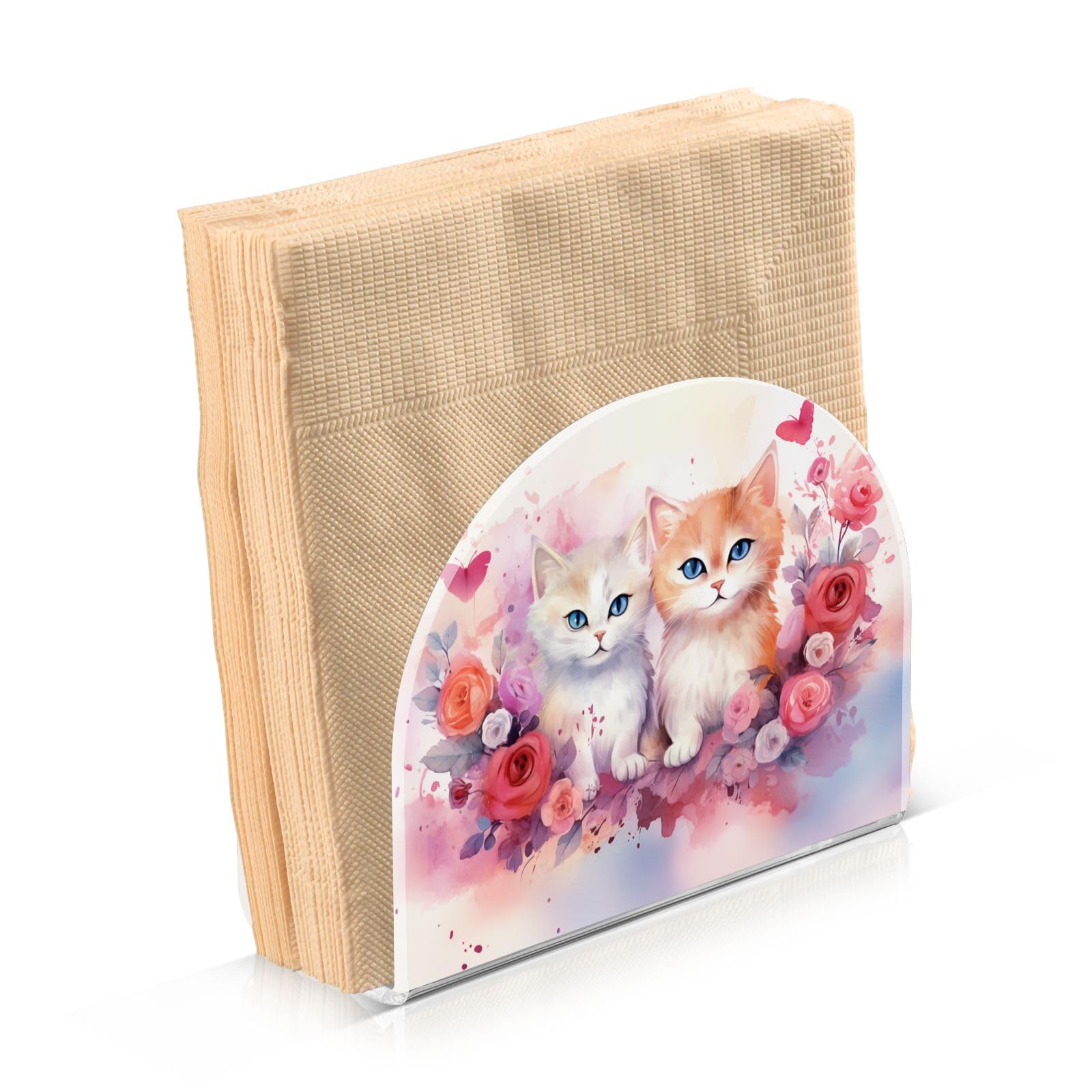 Napkin Holder, Romantic Love Wreath Cats Napkin Holder for Tables Kitchen Restaurant Home Decor Cartoon Decorative Holder for Dinner Paper Napkins