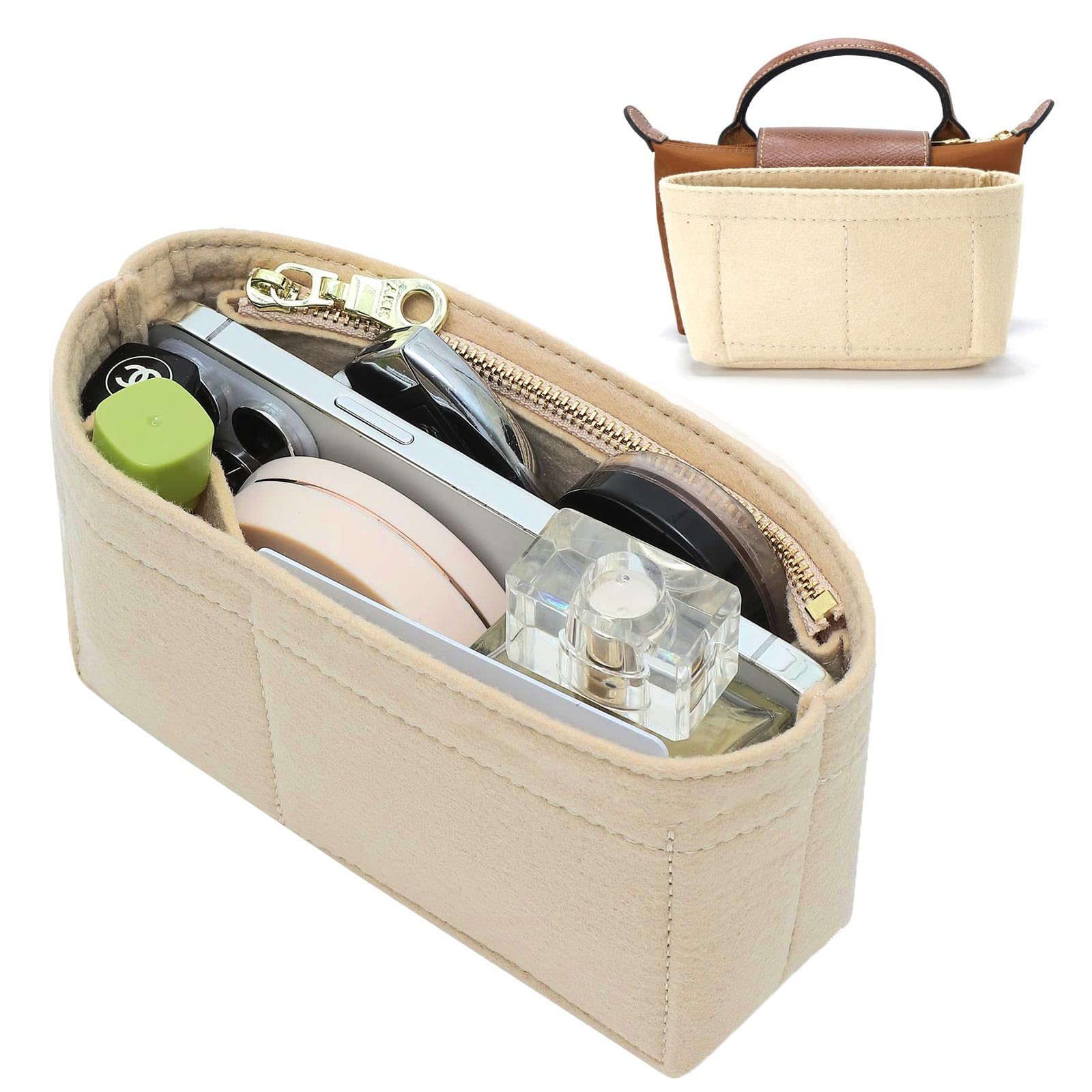 Yubbystu Women's Beige Tote Bag Organiser Insert, Felt Handbag Organiser, Folding Tote Bag Organizer Insert,Multi-Pocket Felt Handbag For Mini Organize （