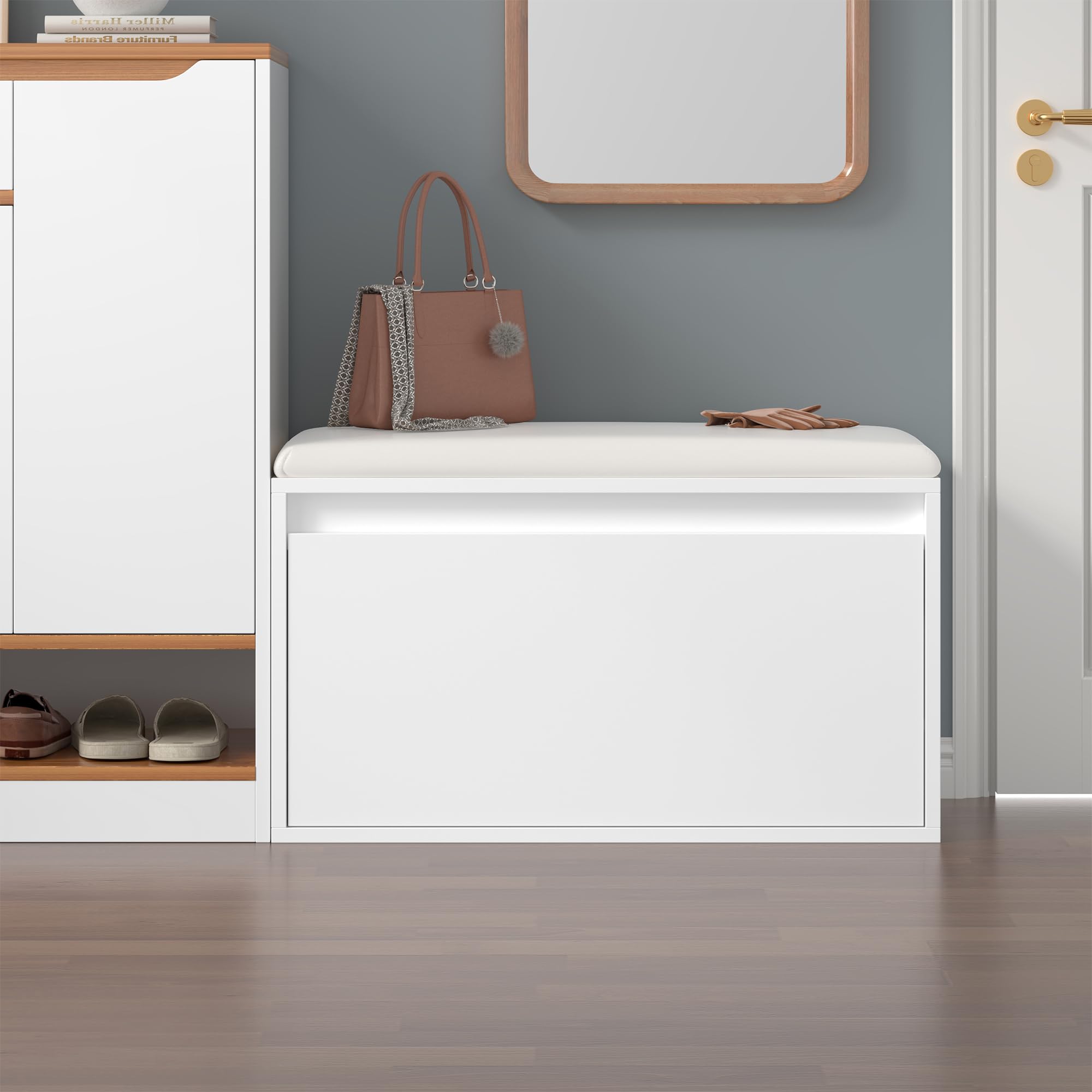 [en.casa] Panchina Portascarpe con Cassetto Scarpiera con Seduta Imbottita Similpelle e Contenitore Estraibile per Ingresso Camera 80 x 39 x 45 cm Bianco