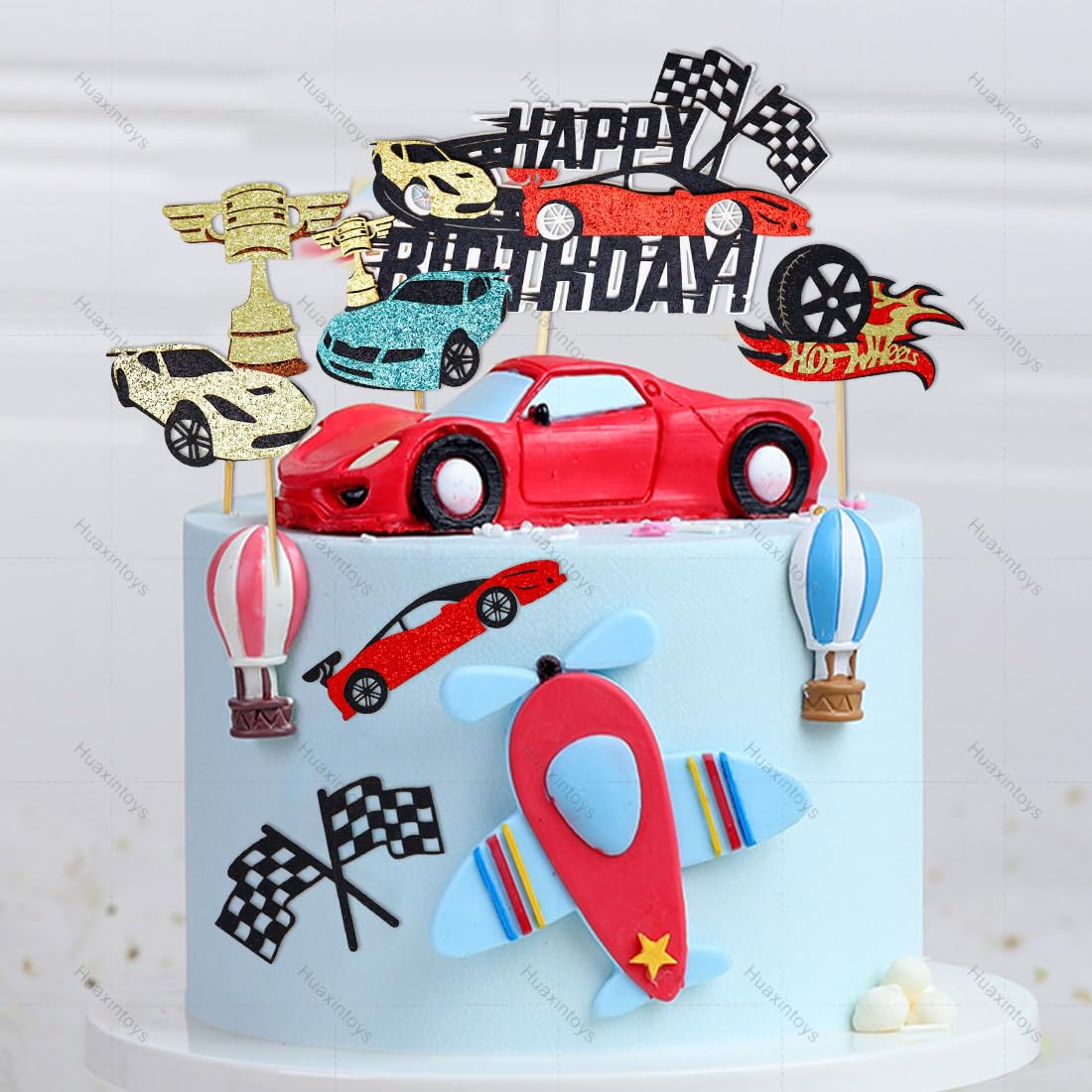 Décorations Gâteau Voiture Course Huaxintoys | Lot De 13 Avec Drapeaux