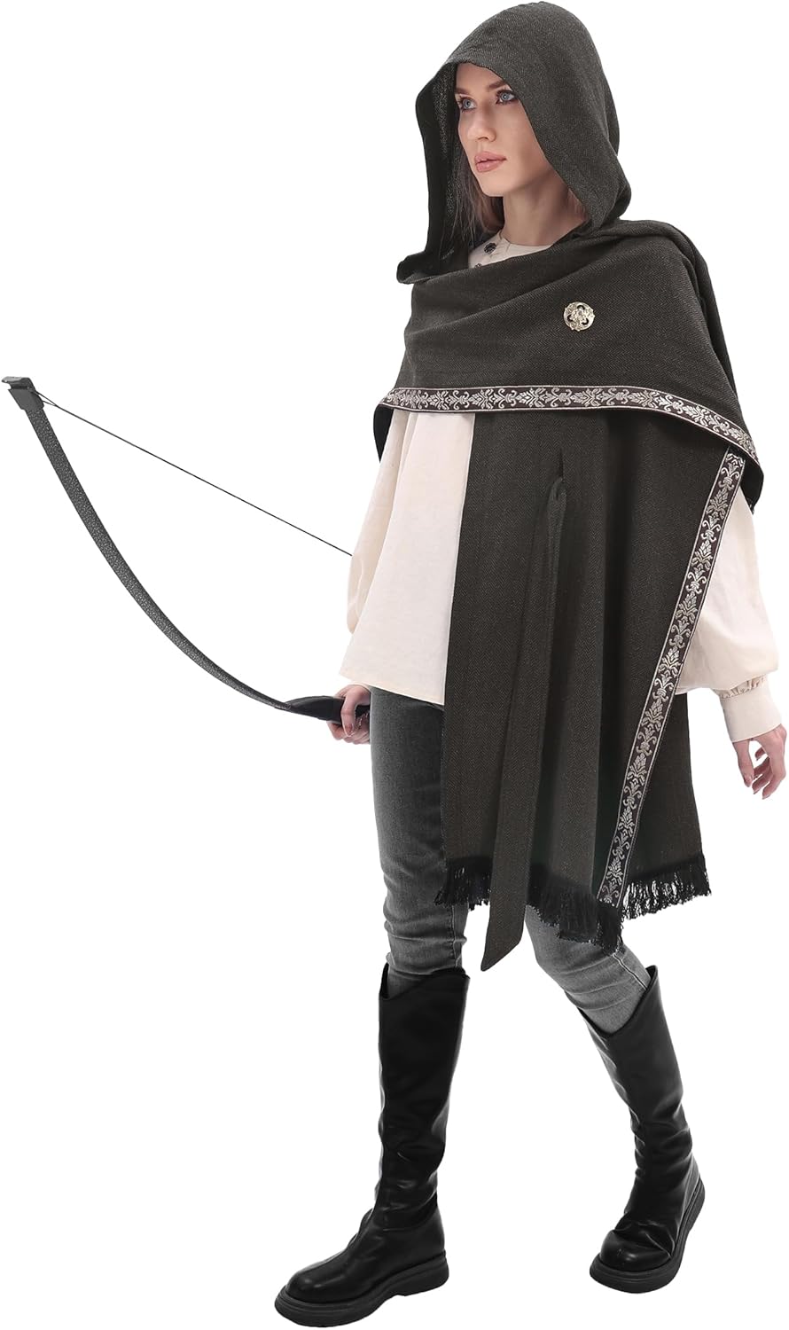 Medieval Hooded Cloak Shawl Scarf Renaissance Post-apocalyptic Fantasy Poncho Wrap Celtic Cape with Tassel Brooch