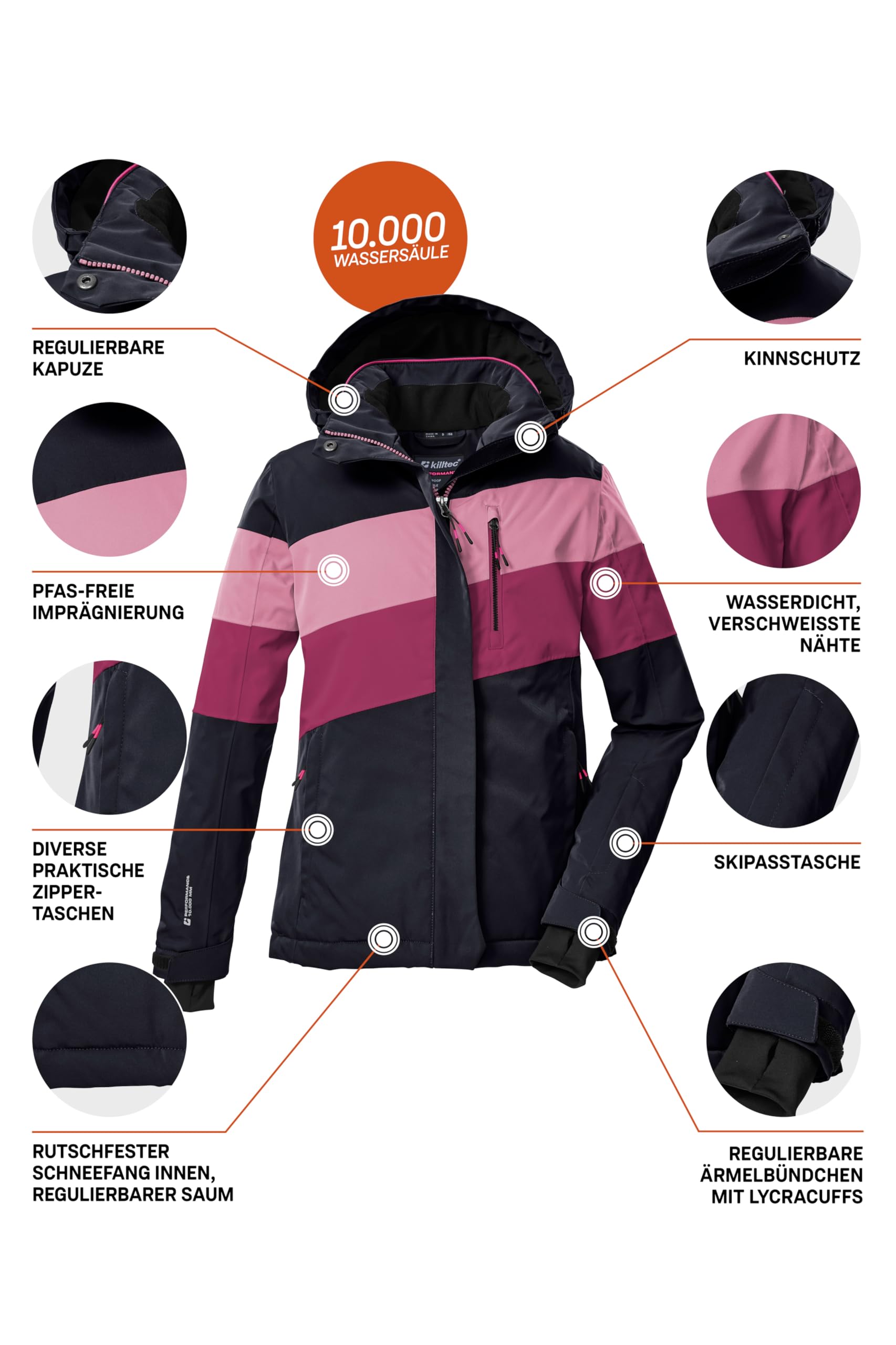 killtec Niñas Chaqueta de esquí/chaqueta funcional con capucha y protección contra la nieve KSW 197 GRLS SKI JCKT, schwarz blau/dunkel himbeere/hell himbeere, 128, 43487-000