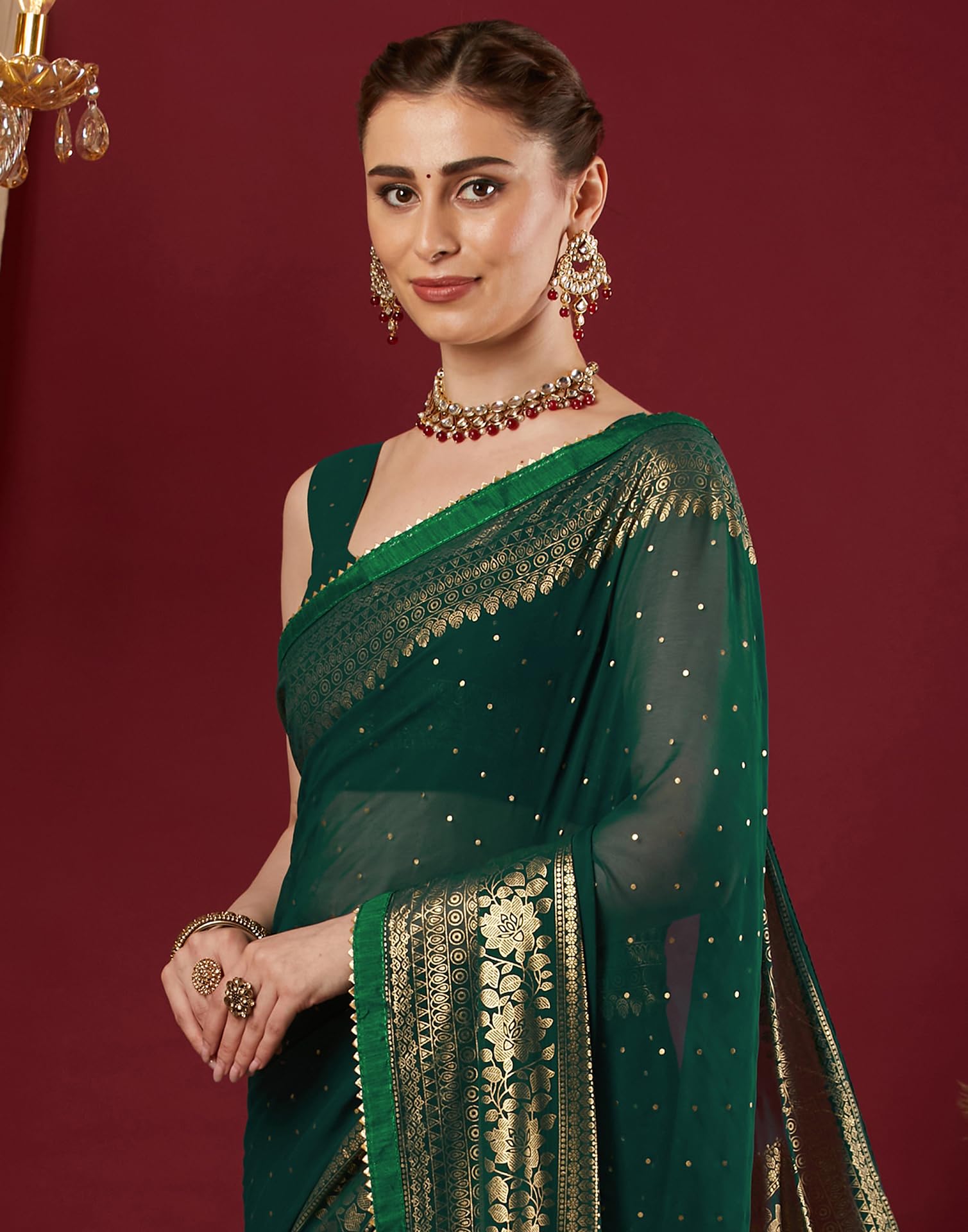 SIRIL Women's Georgette Foil Printed Saree with Unstitched Blouse Piece (4402S3154_Dark Green) - Image 4 thumbnail