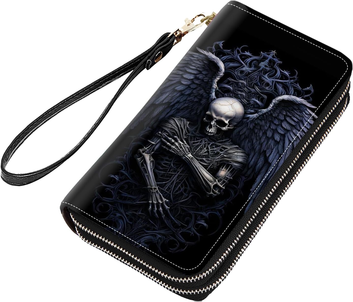 Skull with Wings Print Women Large Capacity PU Leather Double Zipper Wallet, Multifunctional Clutch Purse for Cash/Card/Coin/Smart Phone