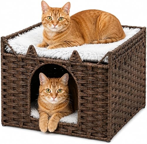 Cat Bed with Ears - Handwoven Rattan Cat Cave House for Indoor Kittens, Foldable Hideaway with 2 Removable Cushions, 16.5x16.5x13.2 Inch Natural Pet Cube for Living Room/Bedroom Brown